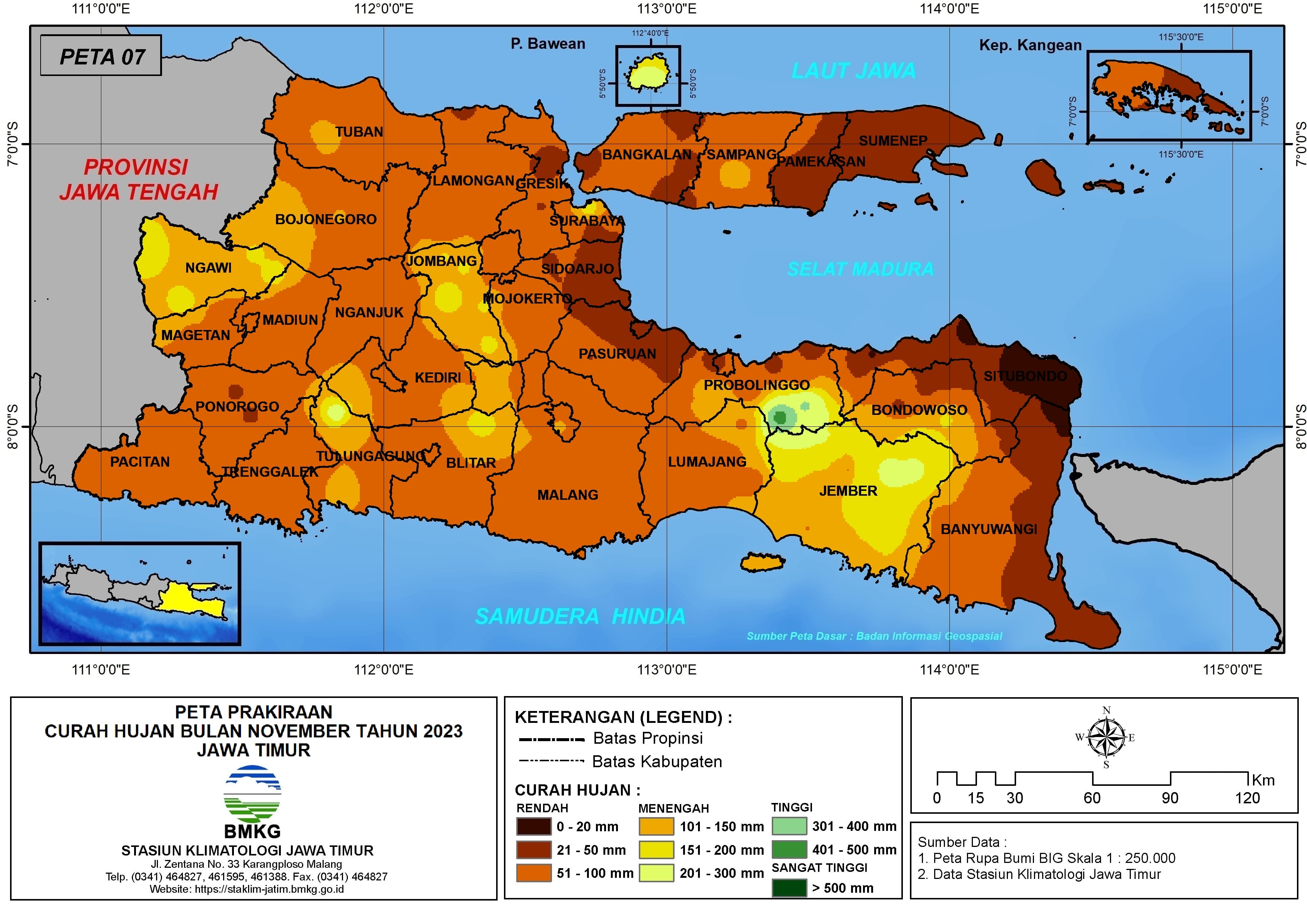 ( Prakiraan - Bulanan ) Curah Hujan Bulan NOVEMBER Tahun 2023 - Update dari Analisis Bulan Agustus Tahun 2023 di Provinsi Jawa Timur