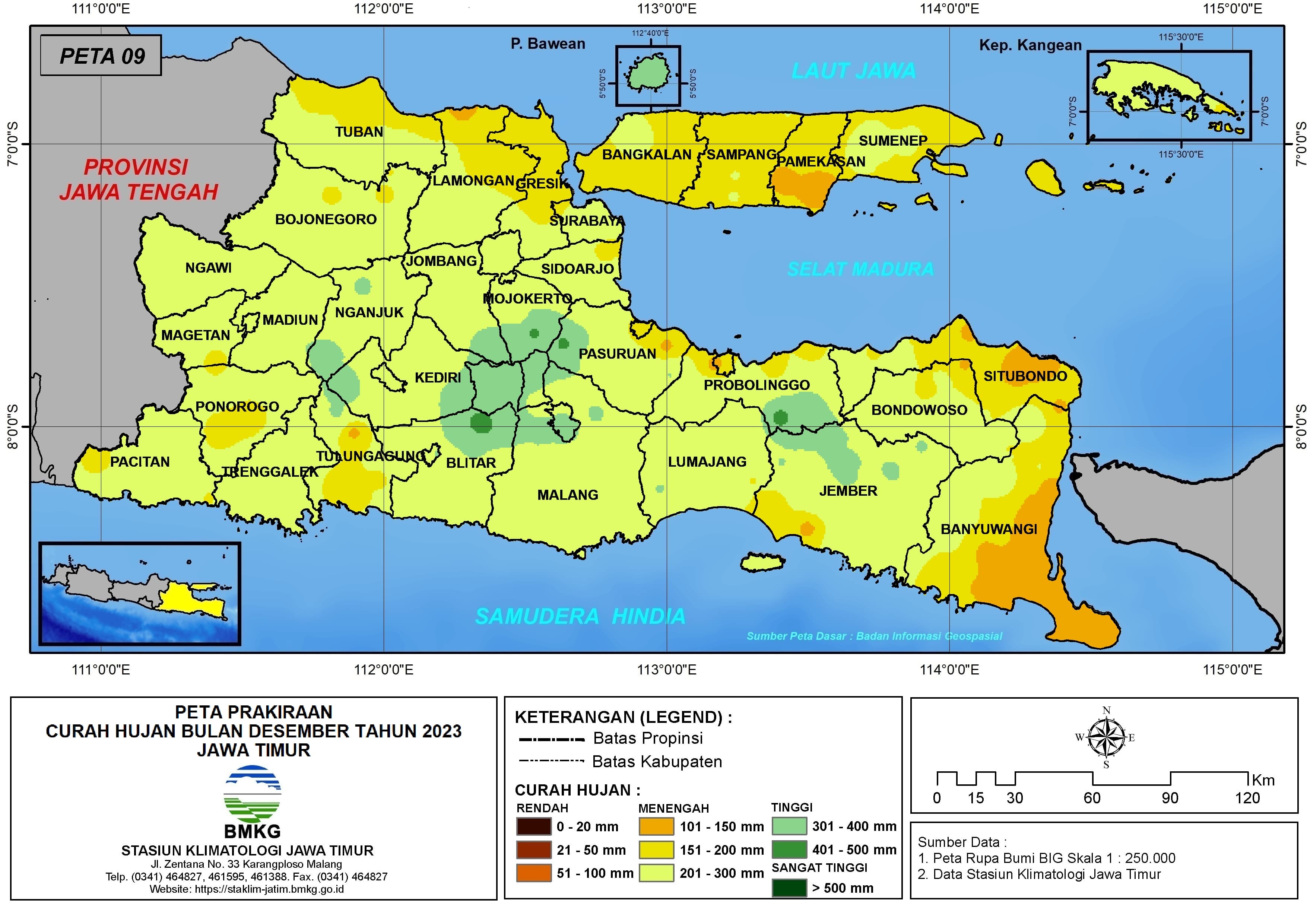 ( Prakiraan - Bulanan ) Curah Hujan Bulan DESEMBER Tahun 2023 - Update dari Analisis Bulan Agustus Tahun 2023 di Provinsi Jawa Timur