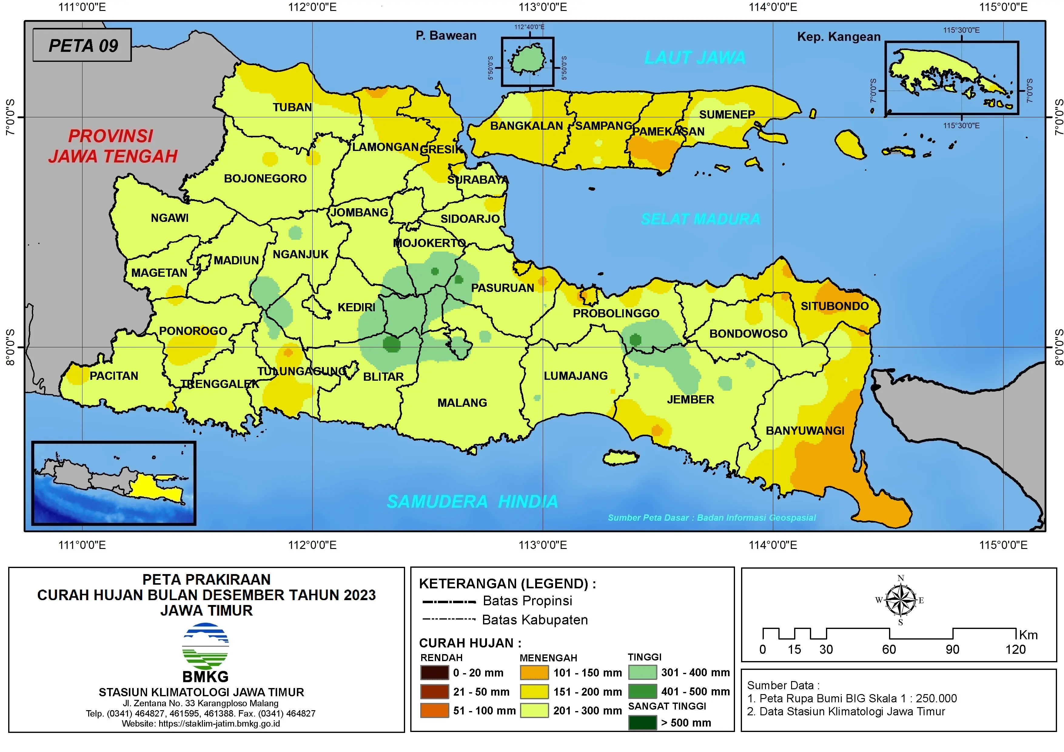 ( Prakiraan - Bulanan ) Curah Hujan Bulan DESEMBER Tahun 2023 - Update dari Analisis Bulan Agustus Tahun 2023 di Provinsi Jawa Timur