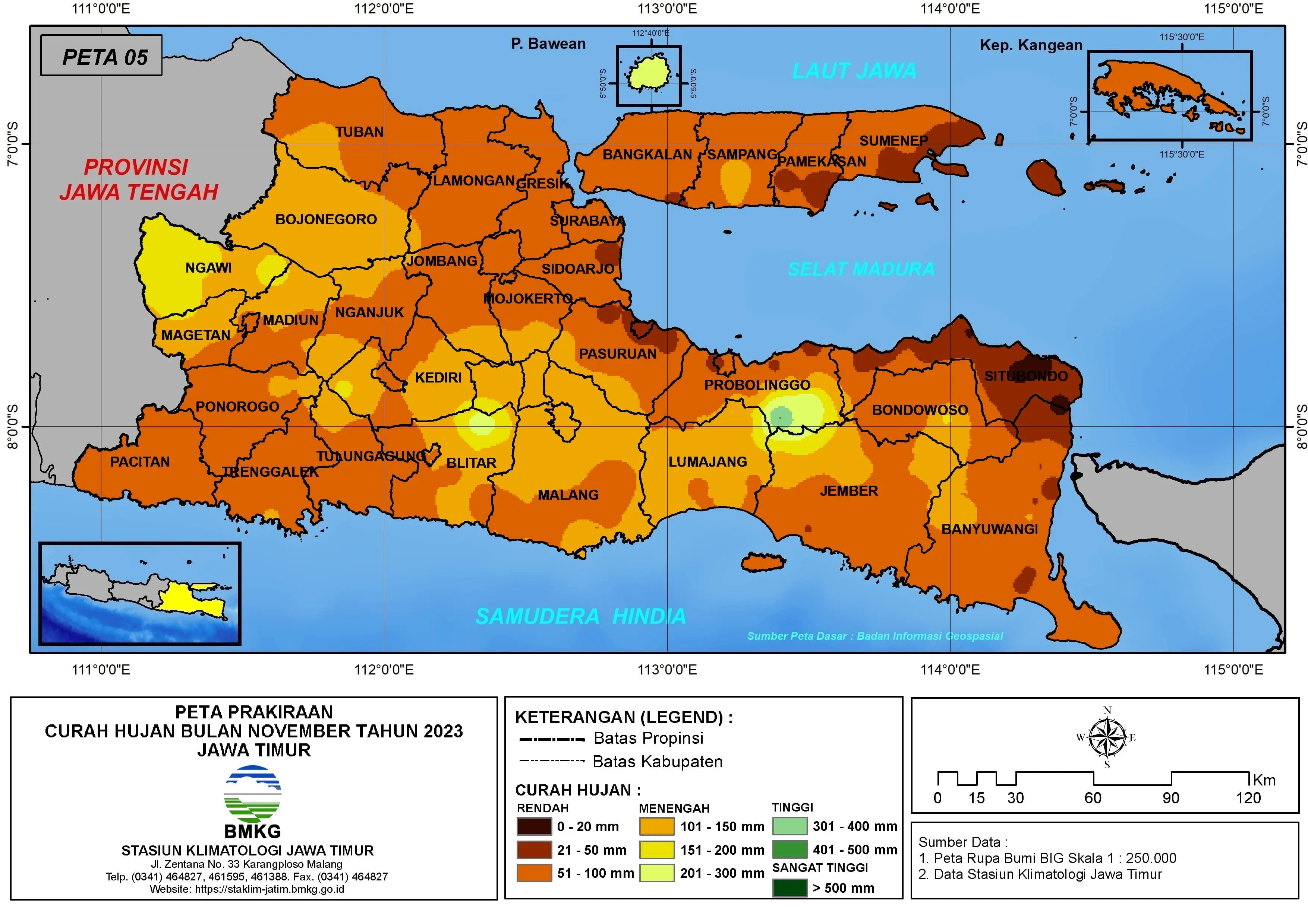 ( Prakiraan - Bulanan ) Curah Hujan Bulan NOVEMBER Tahun 2023 - Update dari Analisis Bulan September Tahun 2023 di Provinsi Jawa Timur