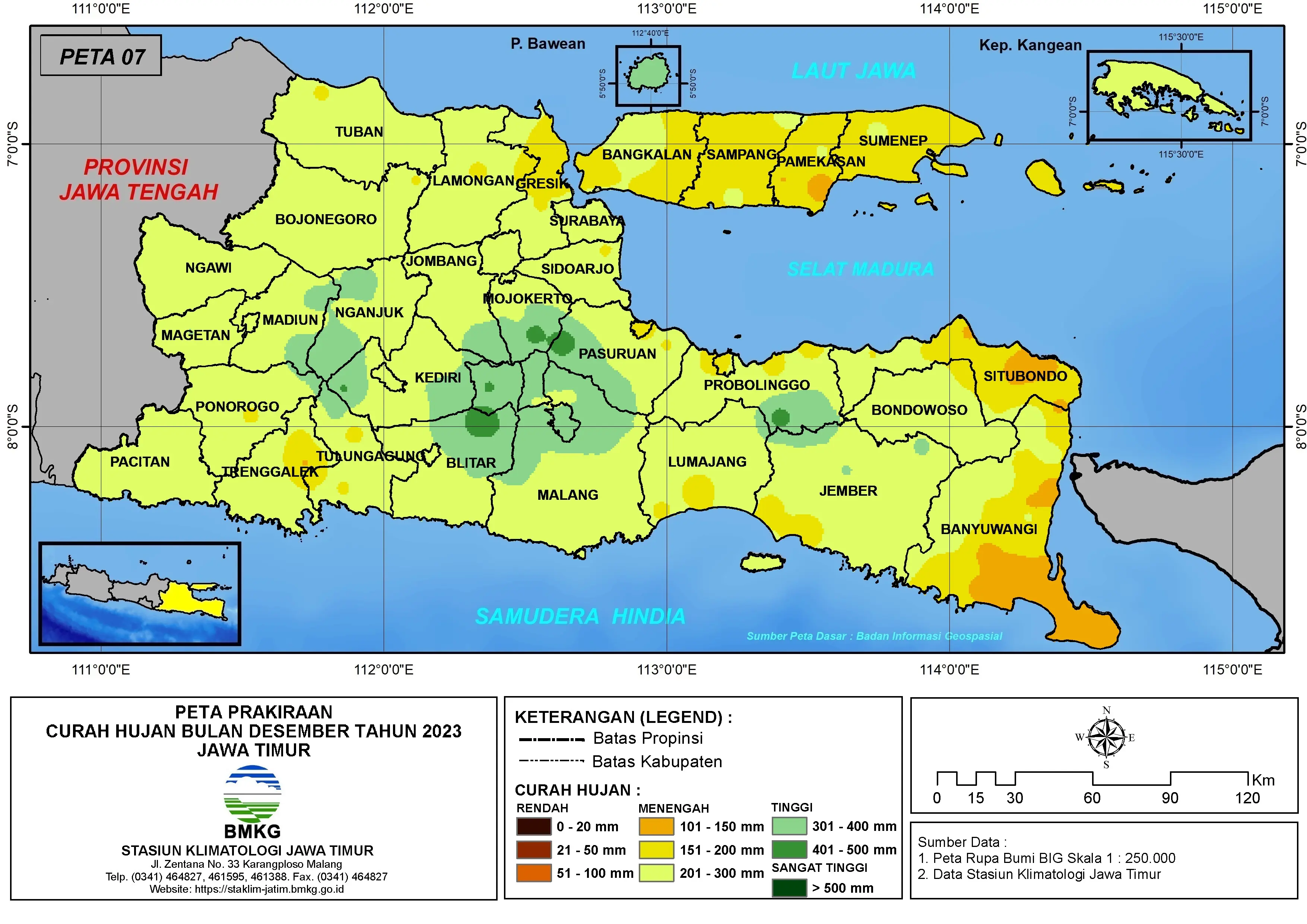 ( Prakiraan - Bulanan ) Curah Hujan Bulan DESEMBER Tahun 2023 - Update dari Analisis Bulan September Tahun 2023 di Provinsi Jawa Timur
