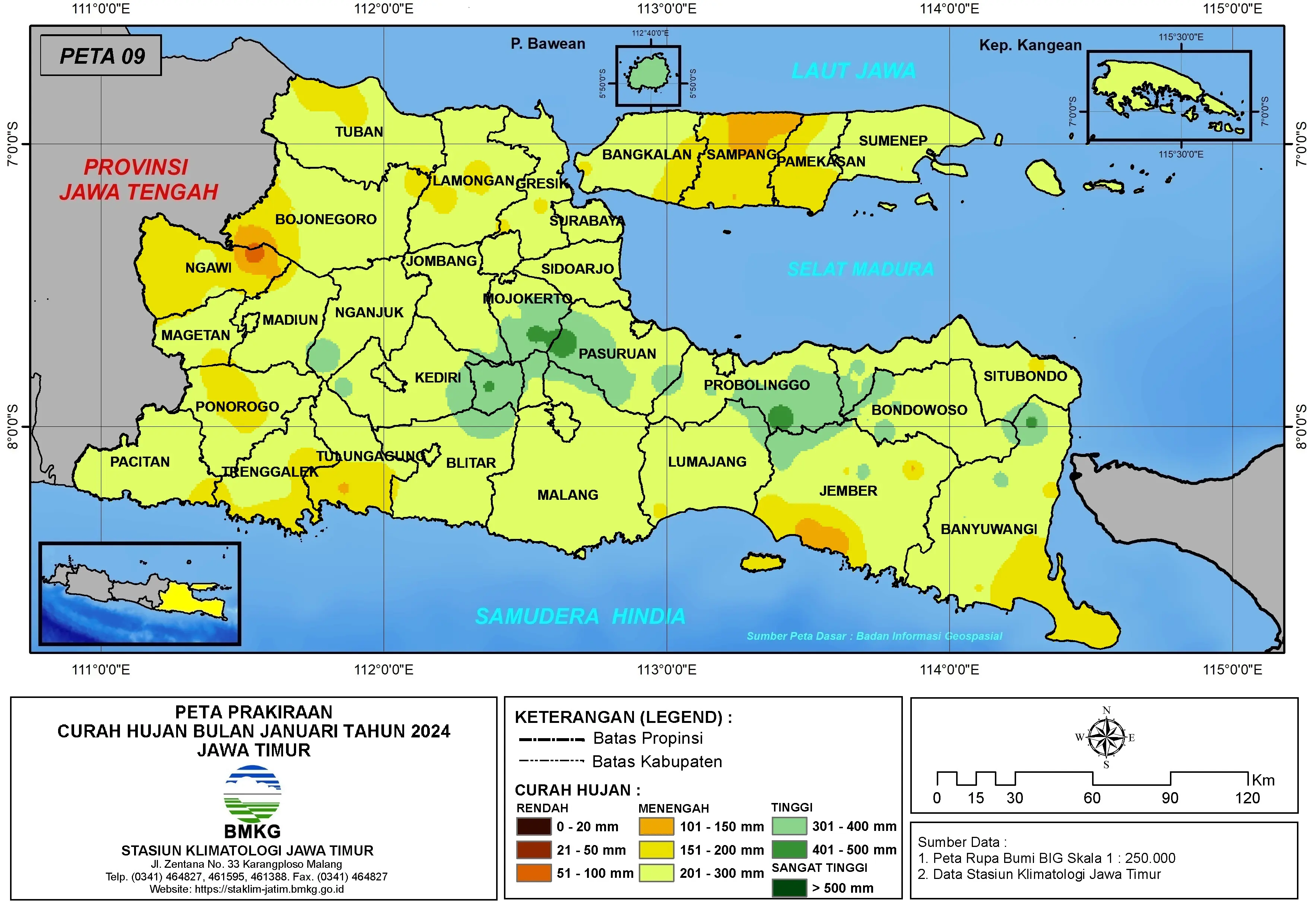 ( Prakiraan - Bulanan ) Curah Hujan Bulan JANUARI Tahun 2024 - Update dari Analisis Bulan September Tahun 2023 di Provinsi Jawa Timur