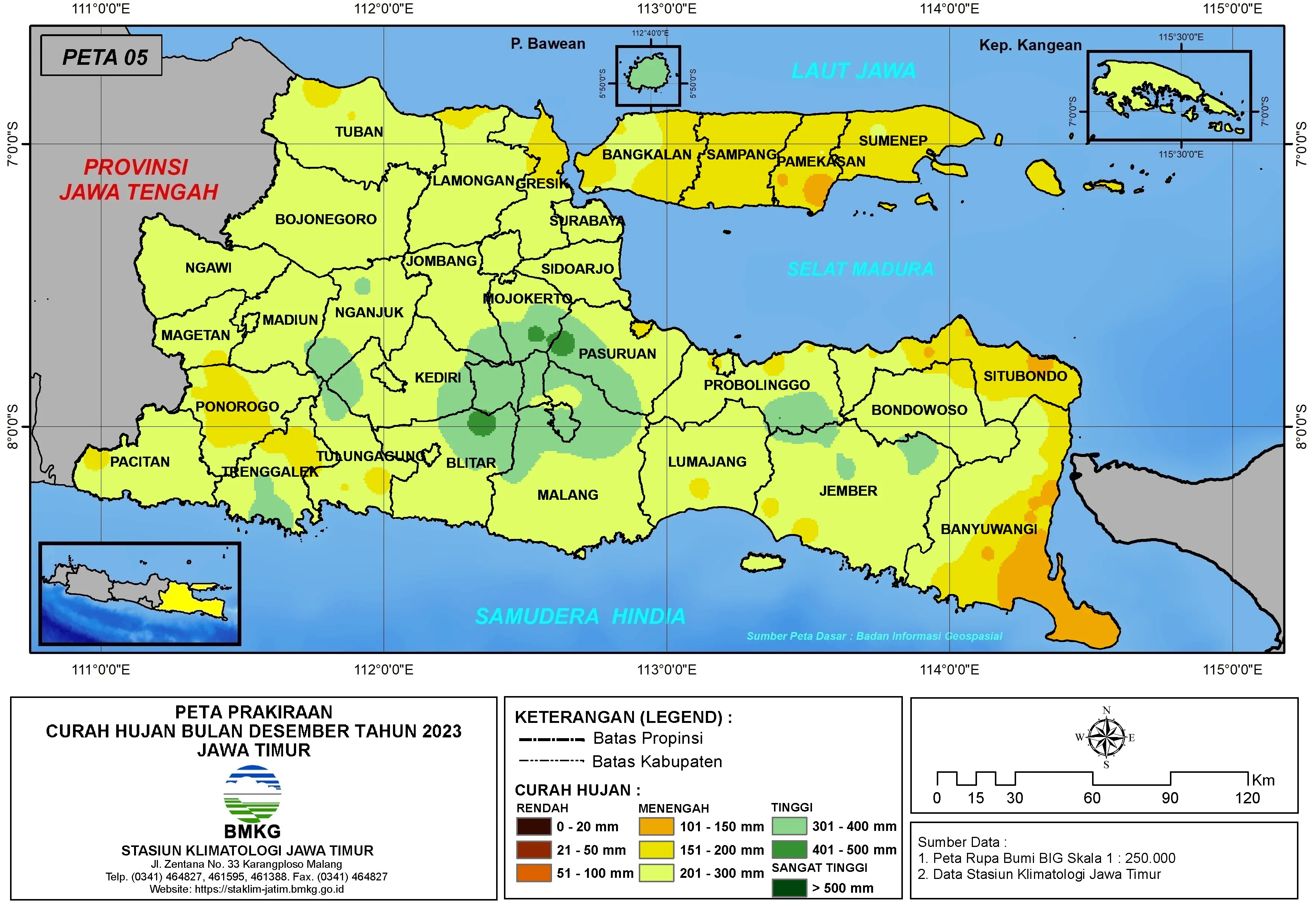 ( Prakiraan - Bulanan ) Curah Hujan Bulan DESEMBER Tahun 2023 - Update dari Analisis Bulan Oktober Tahun 2023 di Provinsi Jawa Timur