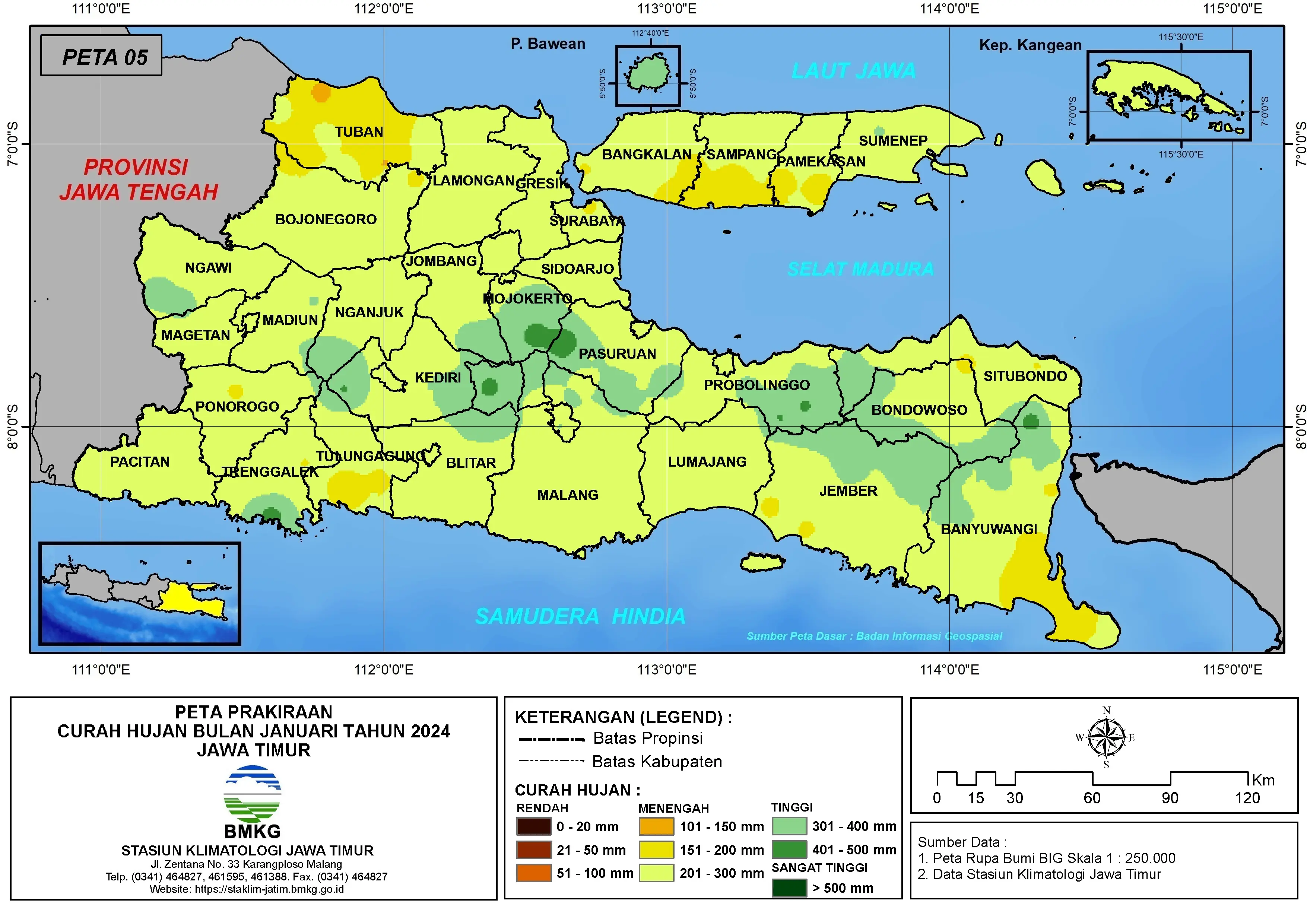 ( Prakiraan - Bulanan ) Curah Hujan Bulan JANUARI Tahun 2024 - Update dari Analisis Bulan November Tahun 2023 di Provinsi Jawa Timur