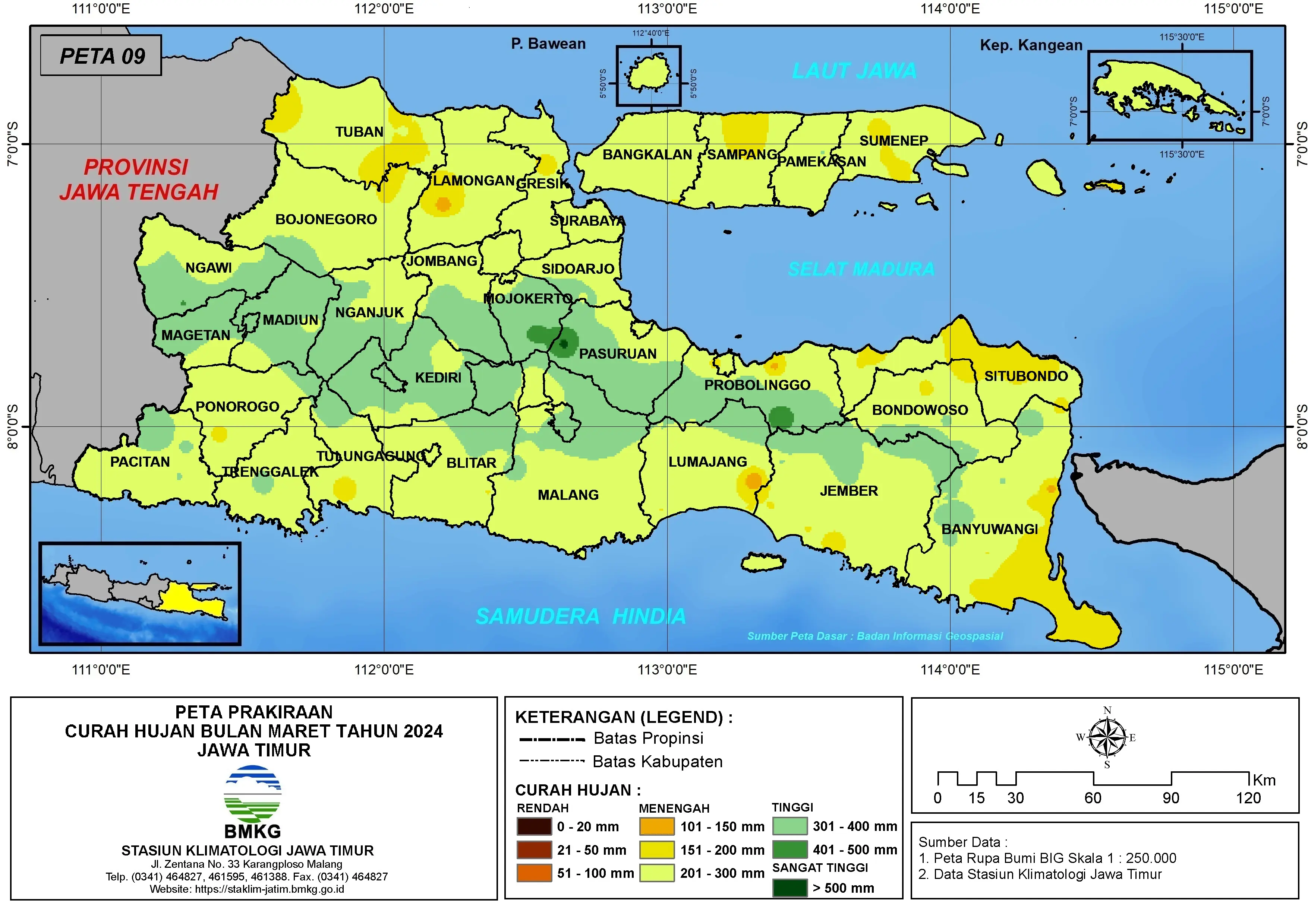 ( Prakiraan - Bulanan ) Curah Hujan Bulan MARET Tahun 2024 - Update dari Analisis Bulan November Tahun 2023 di Provinsi Jawa Timur