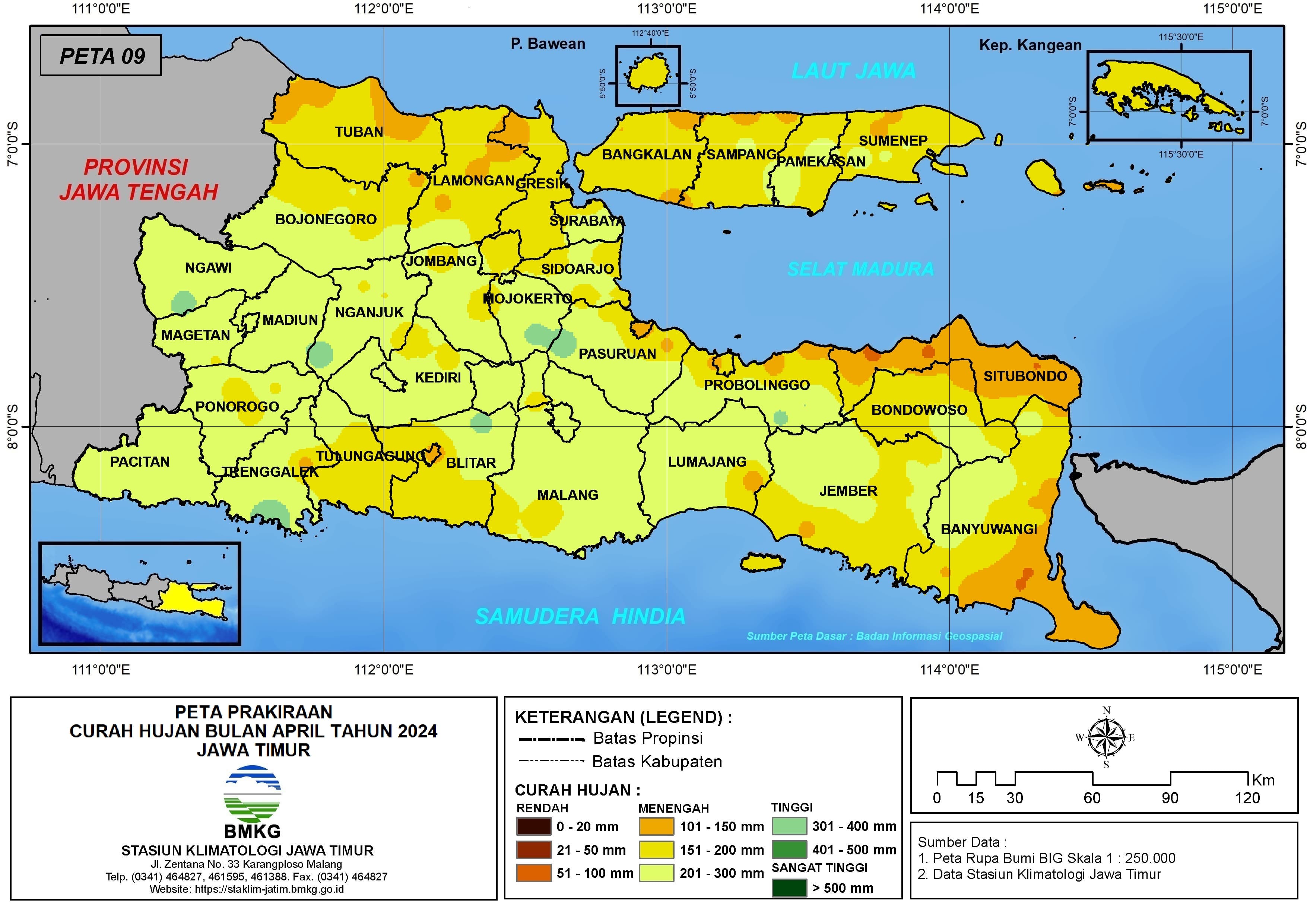 ( Prakiraan - Bulanan ) Curah Hujan Bulan APRIL Tahun 2024 - Update dari Analisis Bulan Desember Tahun 2023 di Provinsi Jawa Timur