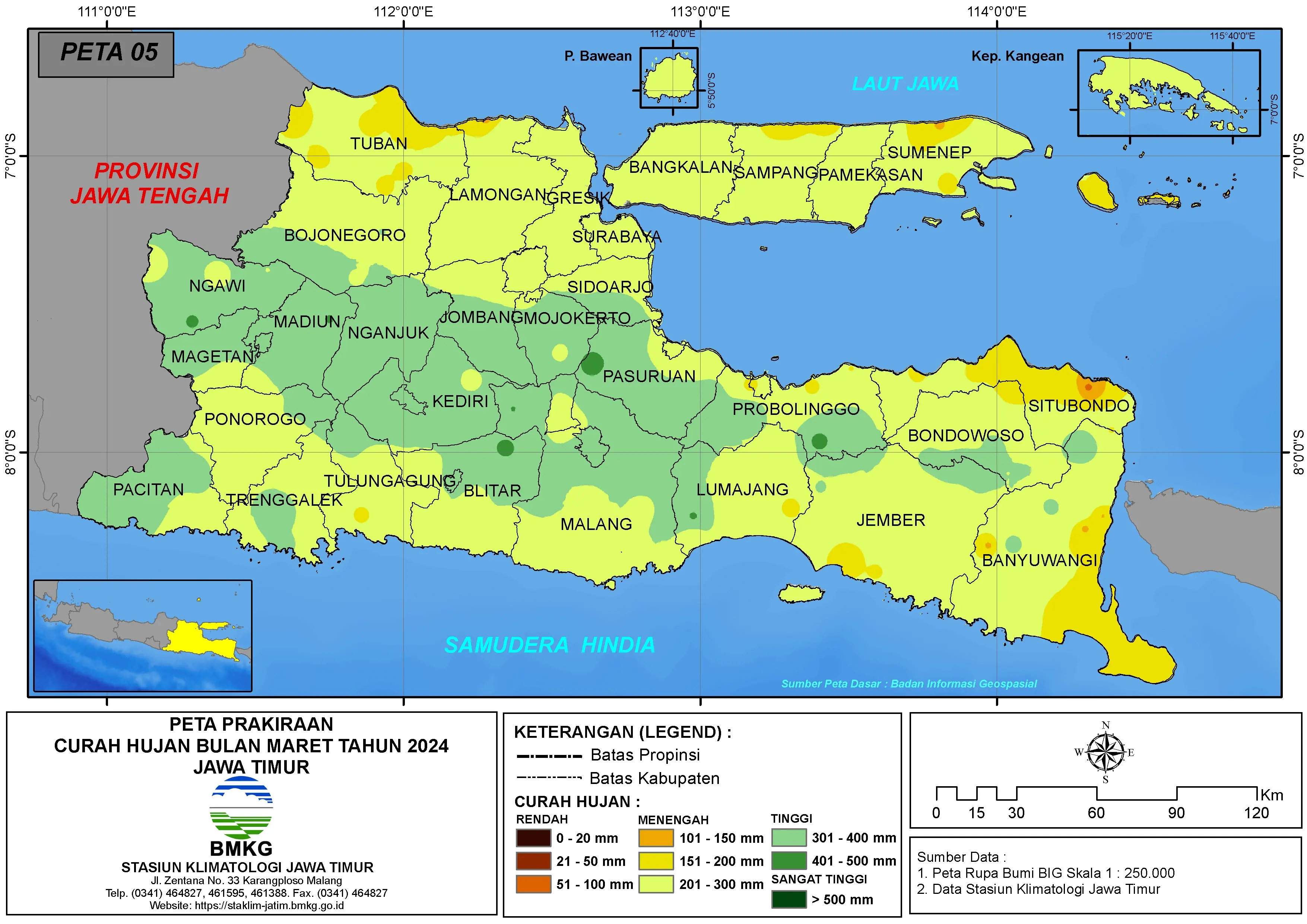 ( Prakiraan - Bulanan ) Curah Hujan Bulan MARET Tahun 2024 - Update dari Analisis Bulan Januari Tahun 2024 di Provinsi Jawa Timur