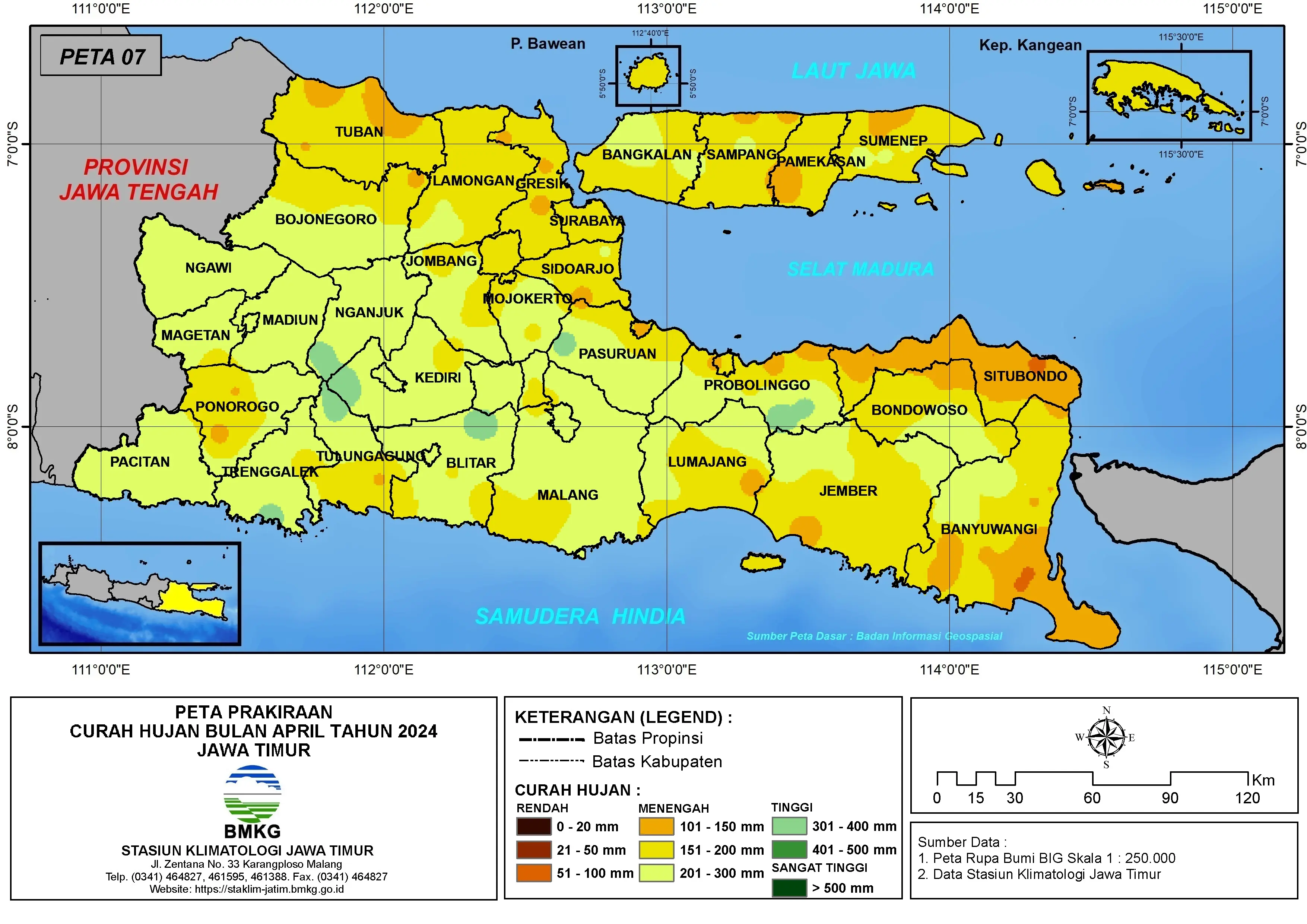 ( Prakiraan - Bulanan ) Curah Hujan Bulan APRIL Tahun 2024 - Update dari Analisis Bulan Januari Tahun 2024 di Provinsi Jawa Timur