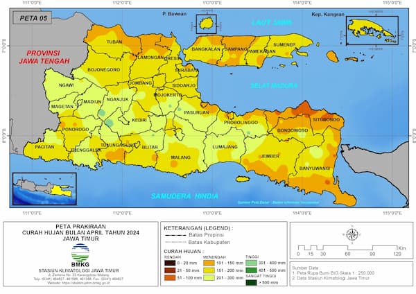 ( Prakiraan - Bulanan ) Curah Hujan Bulan APRIL Tahun 2024 - Update dari Analisis Bulan Februari Tahun 2024 di Provinsi Jawa Timur