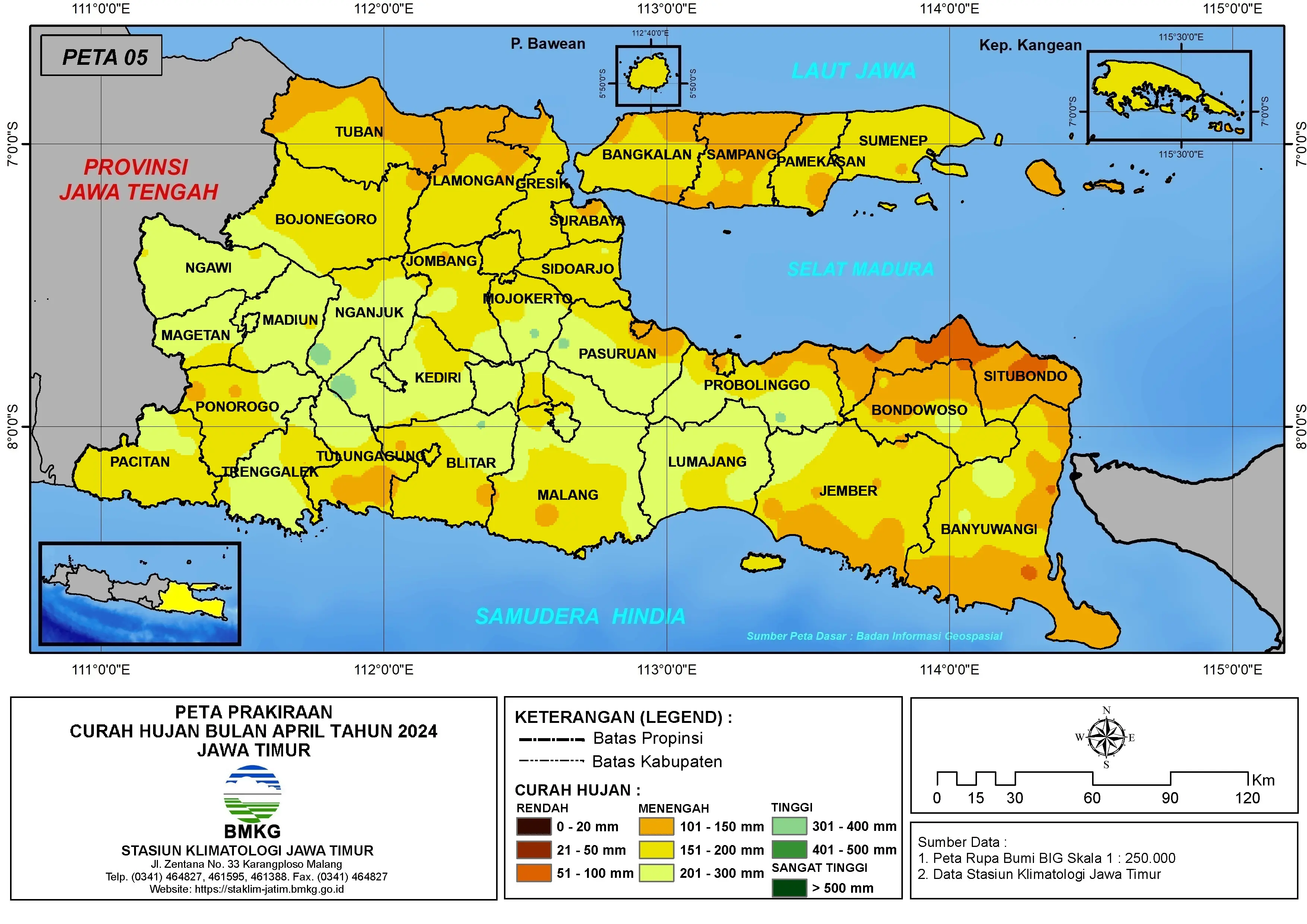 ( Prakiraan - Bulanan ) Curah Hujan Bulan APRIL Tahun 2024 - Update dari Analisis Bulan Februari Tahun 2024 di Provinsi Jawa Timur