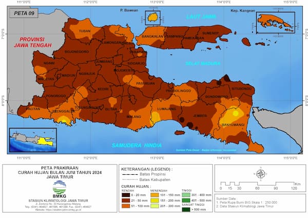 ( Prakiraan - Bulanan ) Curah Hujan Bulan JUNI Tahun 2024 - Update dari Analisis Bulan Februari Tahun 2024 di Provinsi Jawa Timur