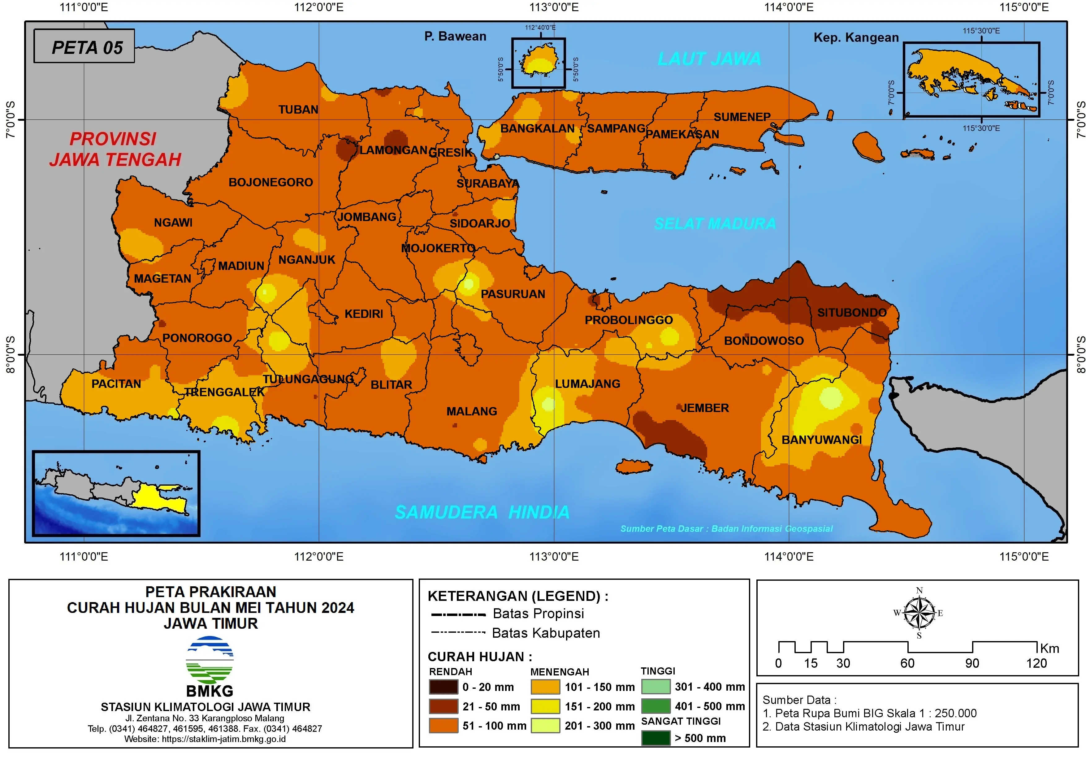 ( Prakiraan - Bulanan ) Curah Hujan Bulan MEI Tahun 2024 - Update dari Analisis Bulan Maret Tahun 2024 di Provinsi Jawa Timur