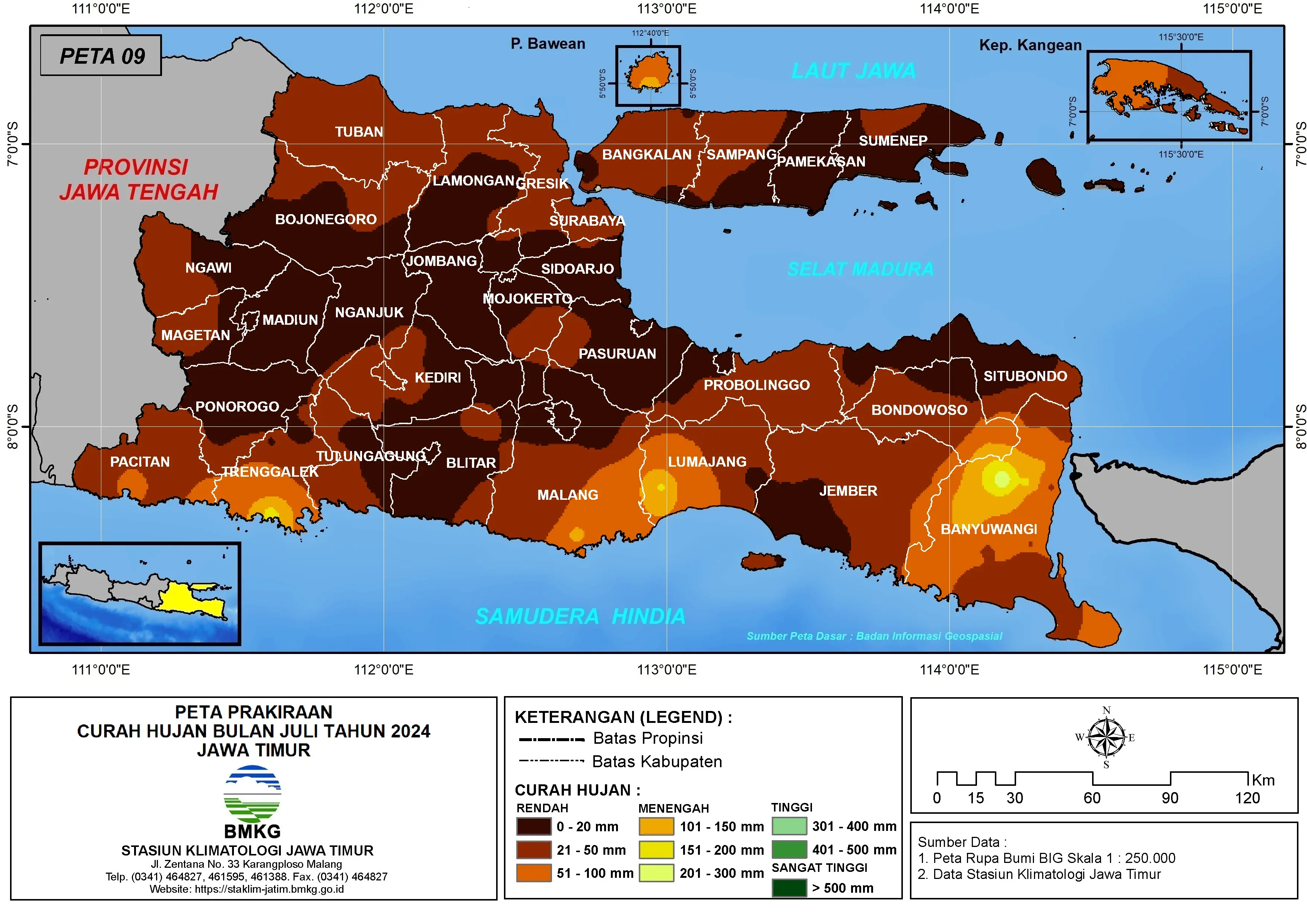 ( Prakiraan - Bulanan ) Curah Hujan Bulan JULI Tahun 2024 - Update dari Analisis Bulan Maret Tahun 2024 di Provinsi Jawa Timur