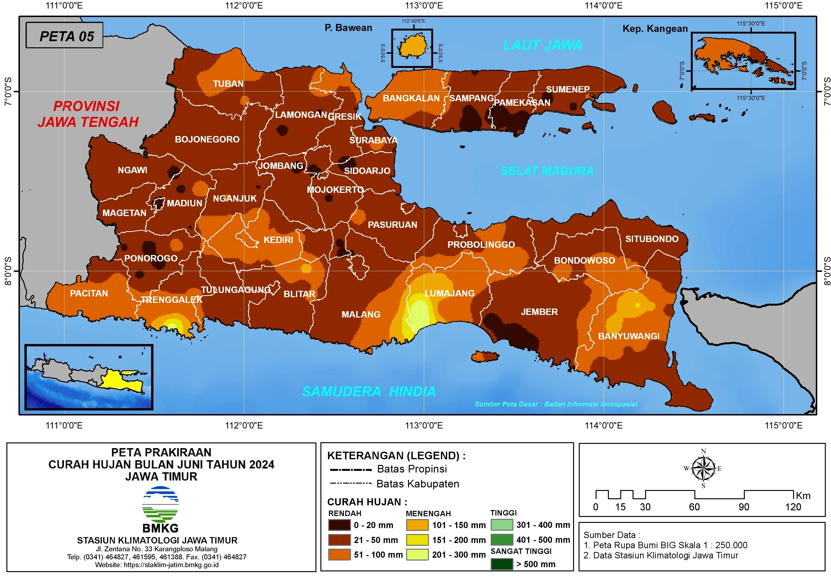( Prakiraan - Bulanan ) Curah Hujan Bulan JUNI Tahun 2024 - Update dari Analisis Bulan April Tahun 2024 di Provinsi Jawa Timur