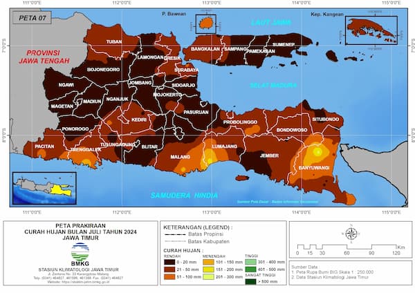 ( Prakiraan - Bulanan ) Curah Hujan Bulan JULI Tahun 2024 - Update dari Analisis Bulan April Tahun 2024 di Provinsi Jawa Timur