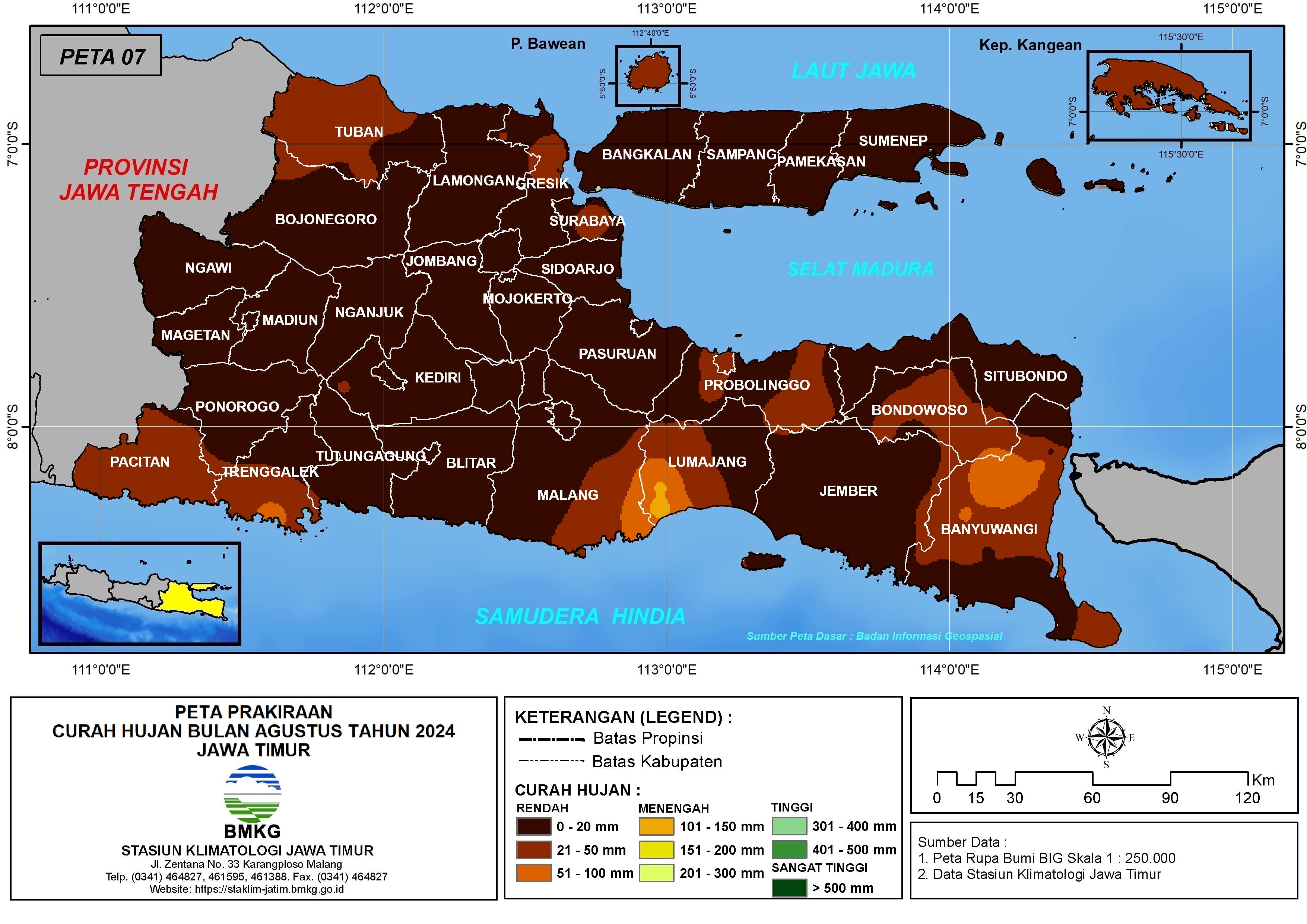 ( Prakiraan - Bulanan ) Curah Hujan Bulan AGUSTUS Tahun 2024 - Update dari Analisis Bulan Mei Tahun 2024 di Provinsi Jawa Timur