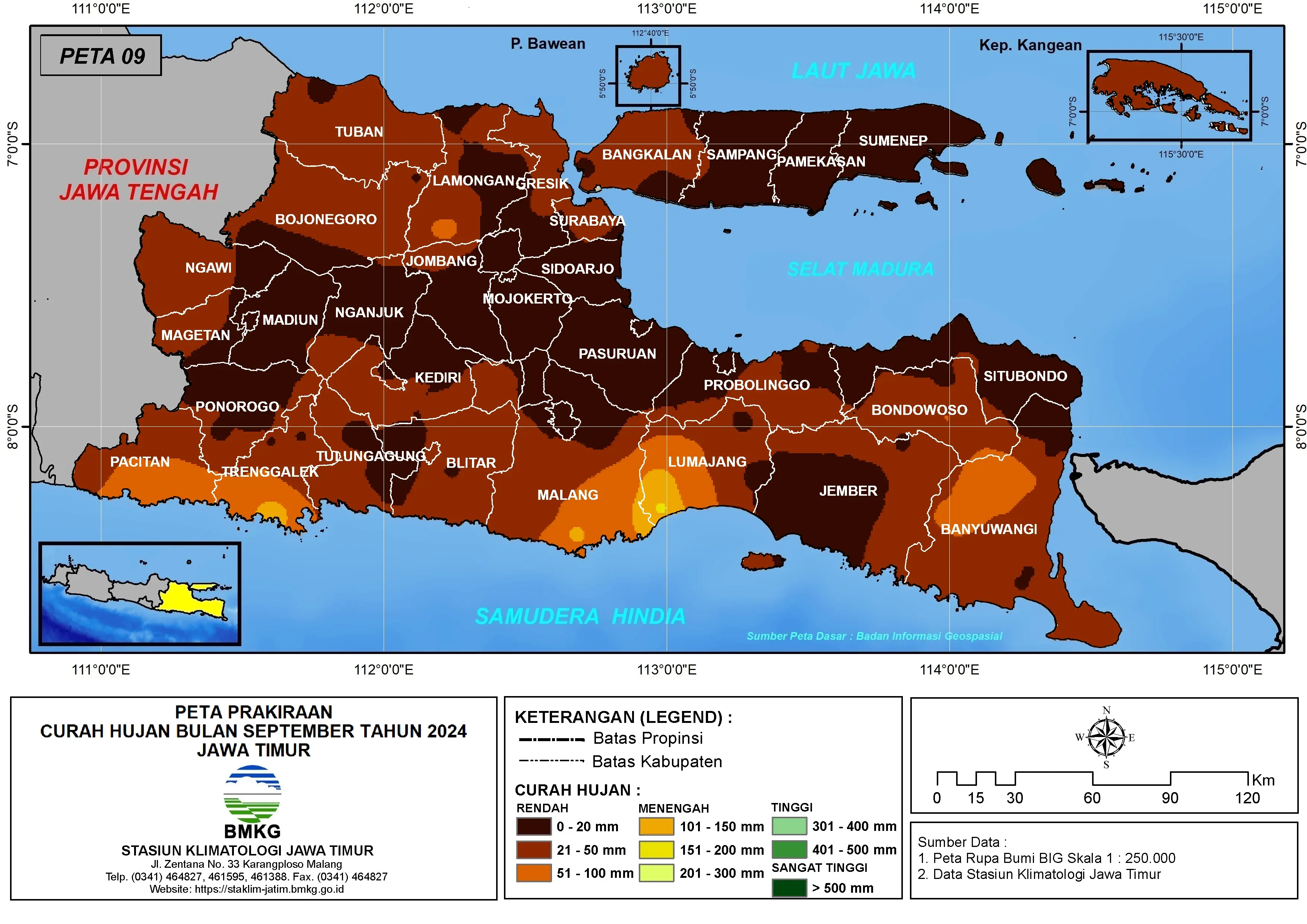 ( Prakiraan - Bulanan ) Curah Hujan Bulan SEPTEMBER Tahun 2024 - Update dari Analisis Bulan Mei Tahun 2024 di Provinsi Jawa Timur