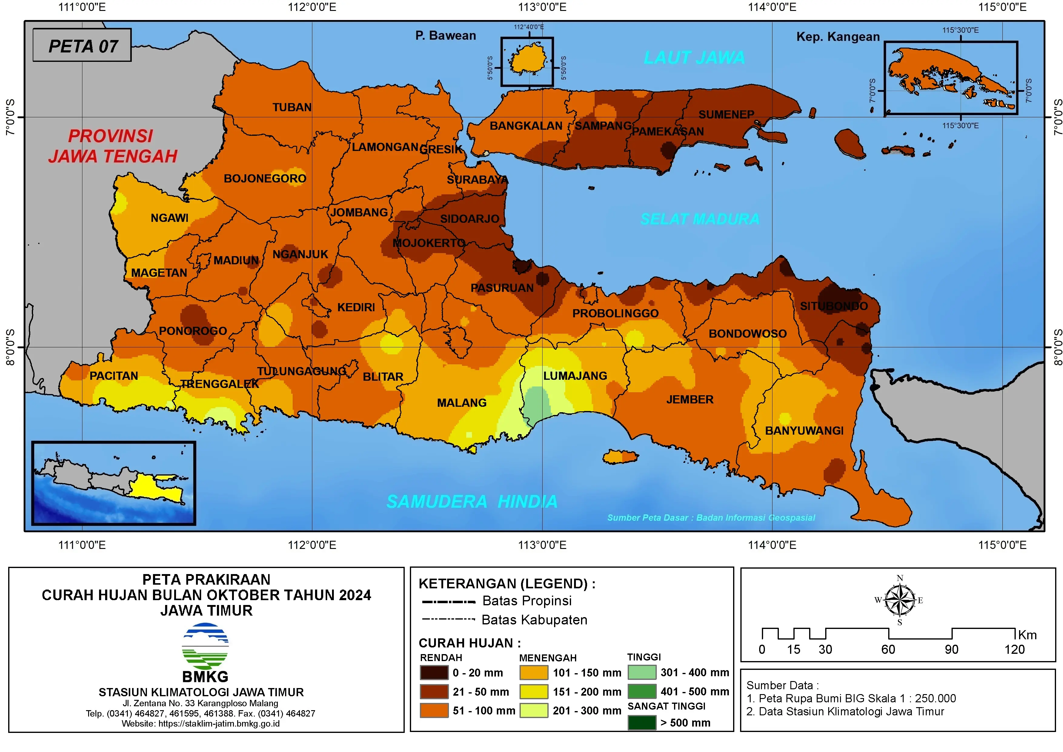 ( Prakiraan - Bulanan ) Curah Hujan Bulan OKTOBER Tahun 2024 - Update dari Analisis Bulan Juli Tahun 2024 di Provinsi Jawa Timur