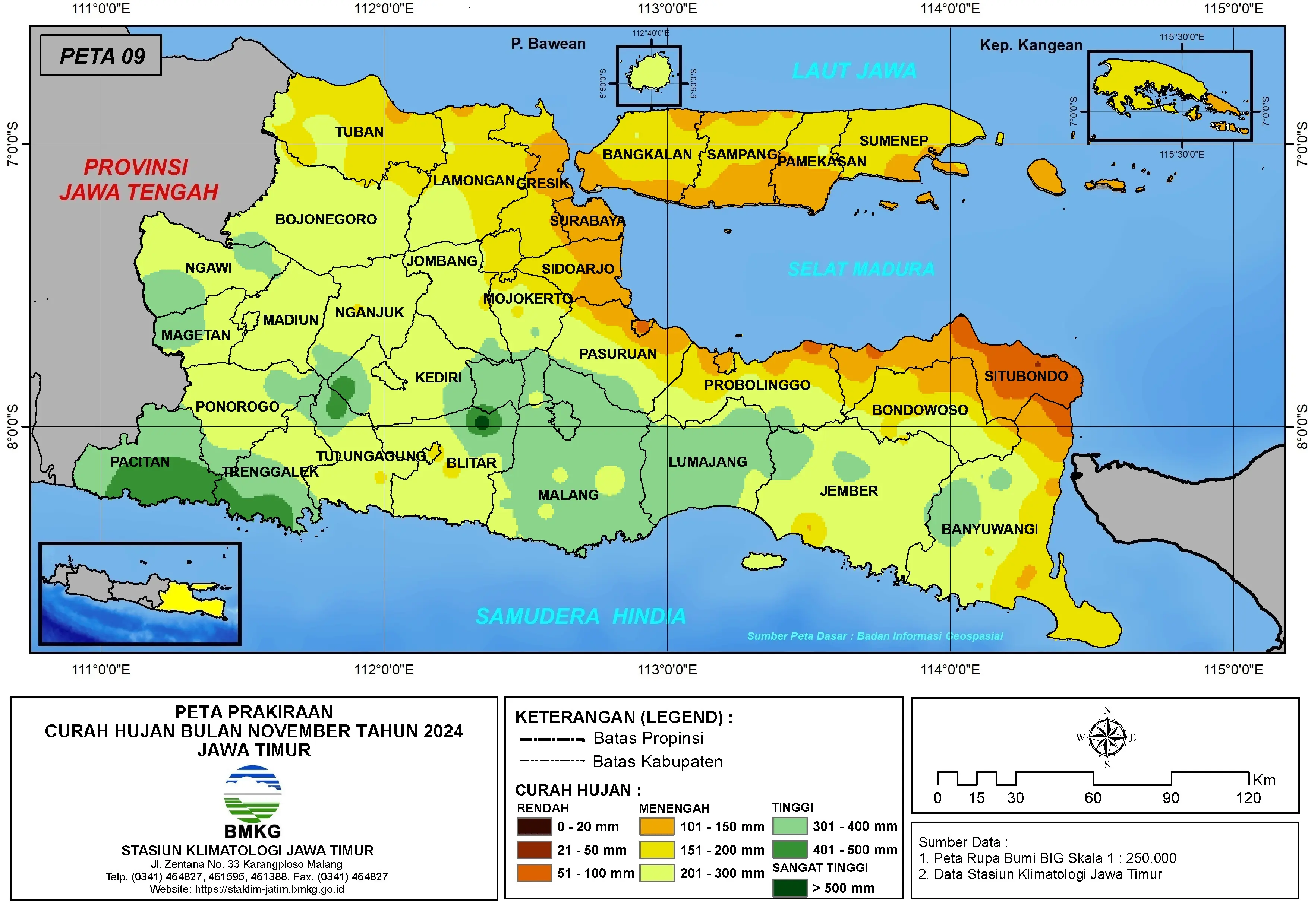 ( Prakiraan - Bulanan ) Curah Hujan Bulan NOVEMBER Tahun 2024 - Update dari Analisis Bulan Juli Tahun 2024 di Provinsi Jawa Timur