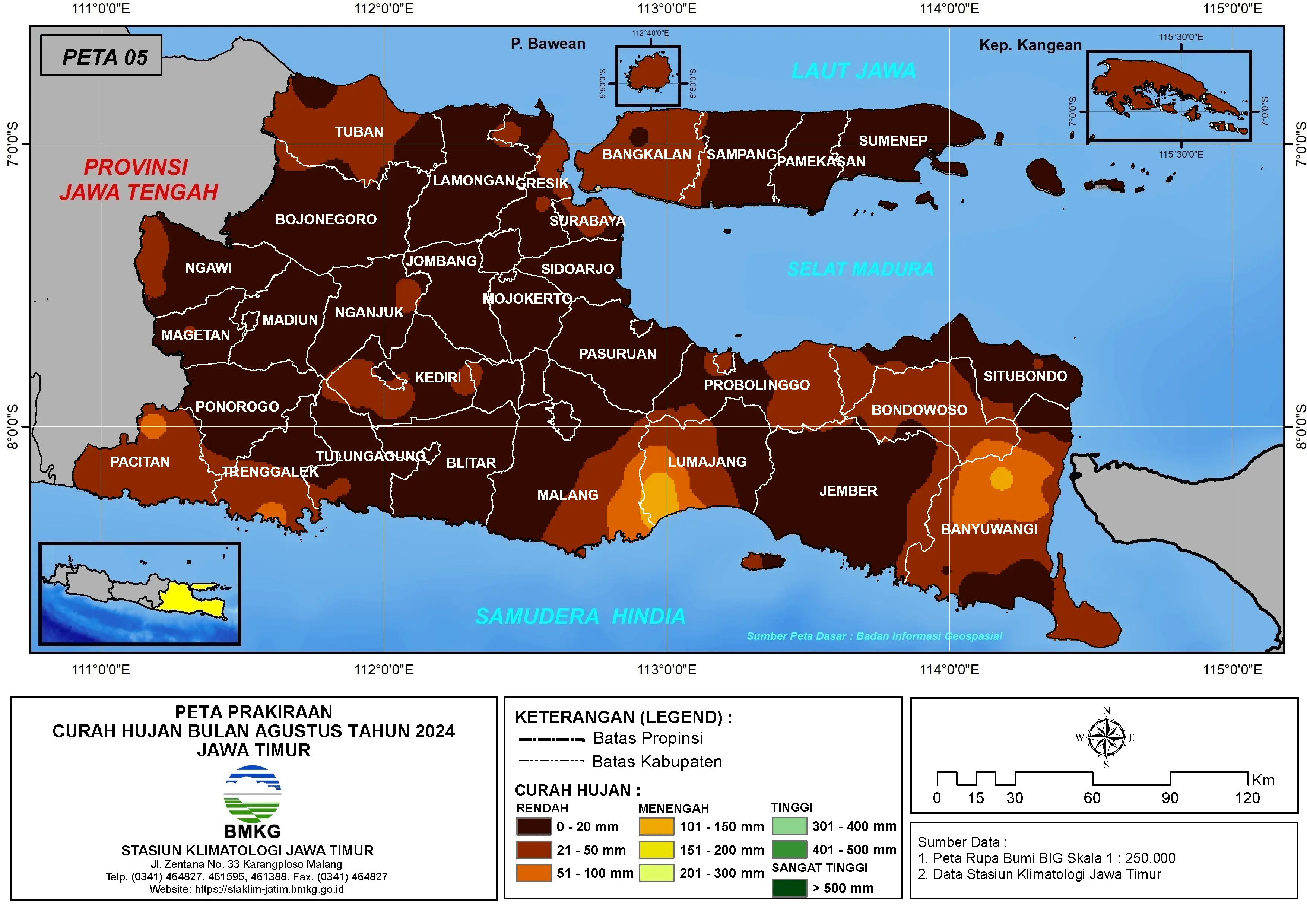 ( Prakiraan - Bulanan ) Curah Hujan Bulan AGUSTUS Tahun 2024 - Update dari Analisis Bulan Juni Tahun 2024 di Provinsi Jawa Timur