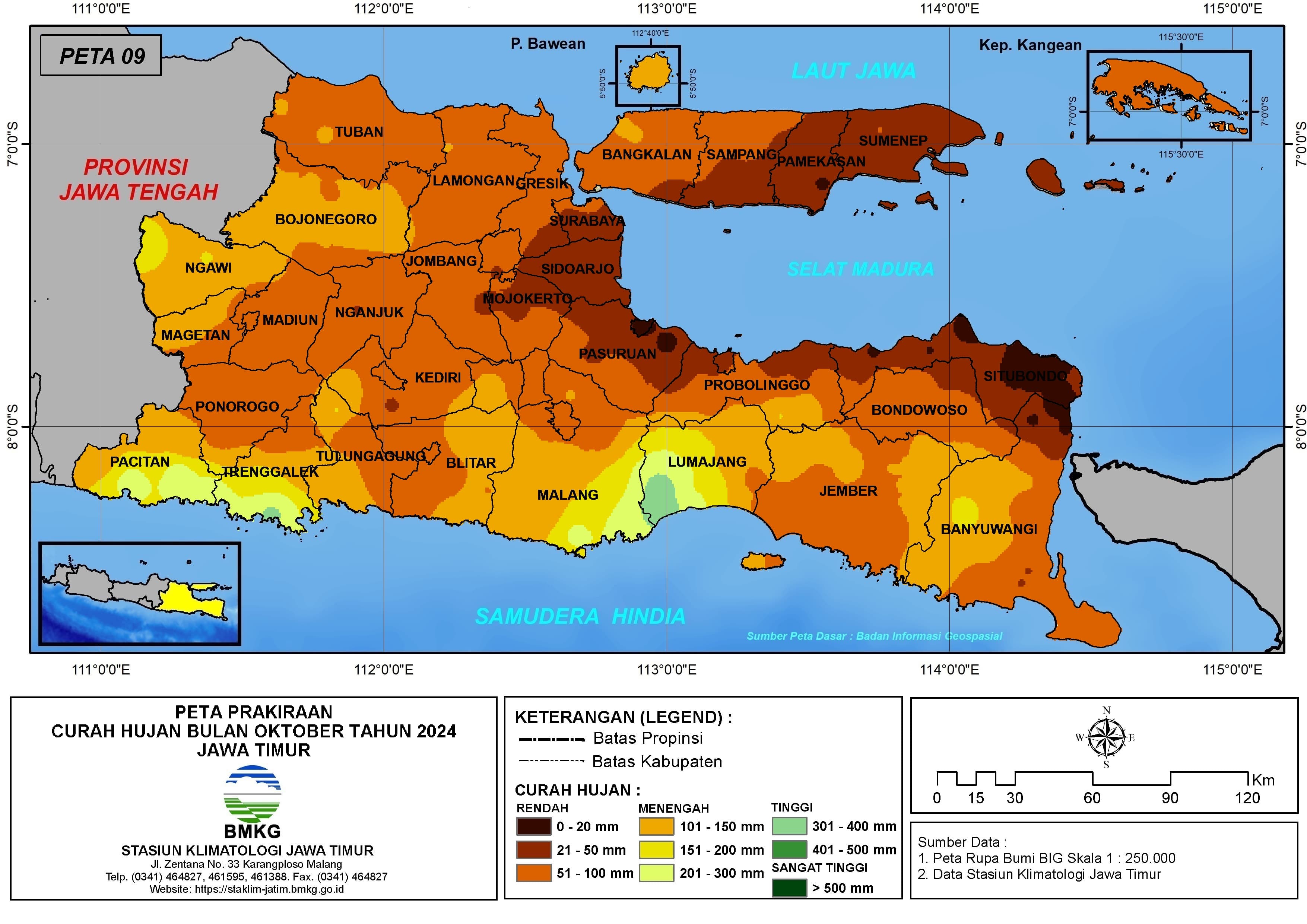 ( Prakiraan - Bulanan ) Curah Hujan Bulan OKTOBER Tahun 2024 - Update dari Analisis Bulan Juni Tahun 2024 di Provinsi Jawa Timur