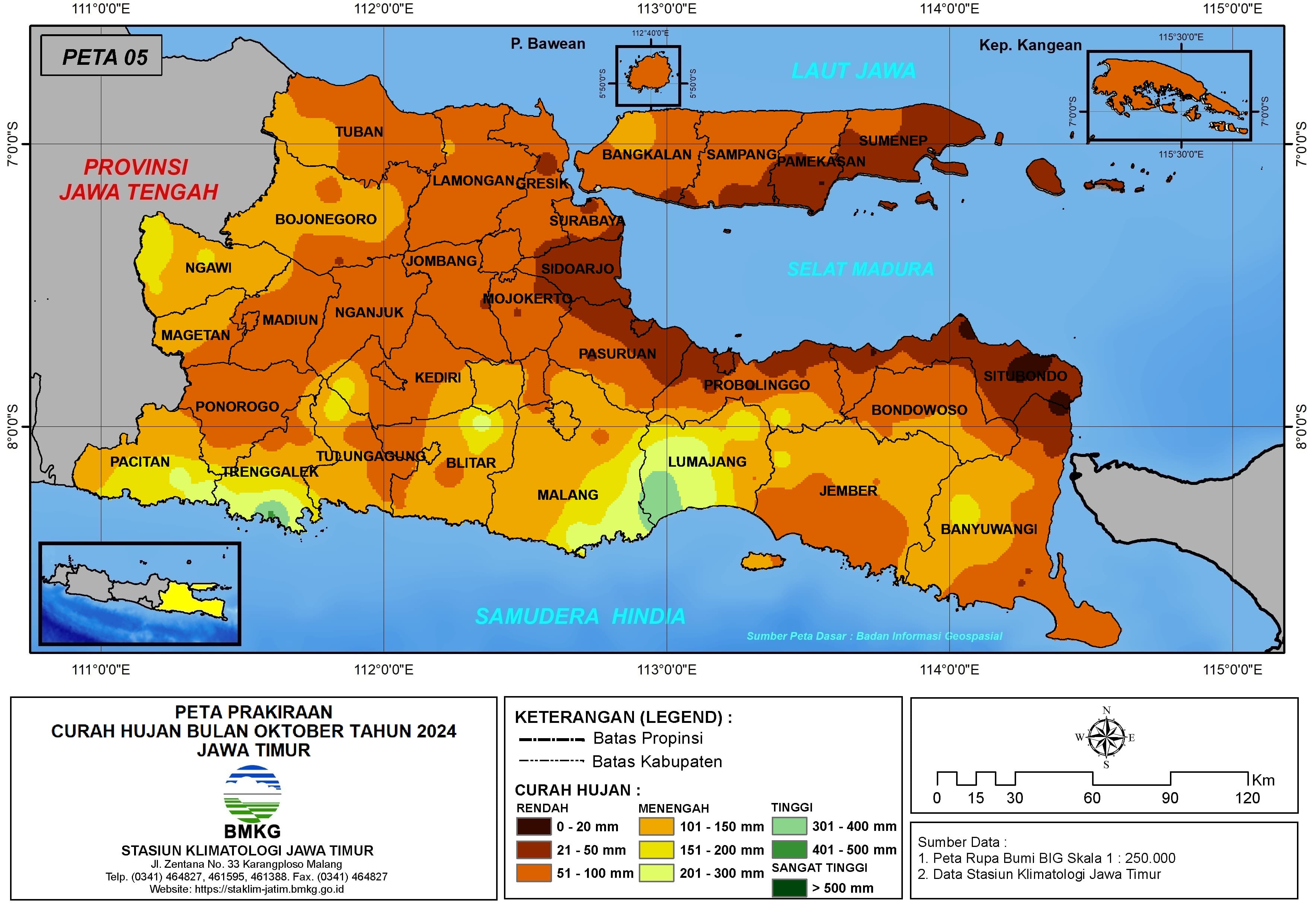 ( Prakiraan - Bulanan ) Curah Hujan Bulan OKTOBER Tahun 2024 - Update dari Analisis Bulan Agustus Tahun 2024 di Provinsi Jawa Timur