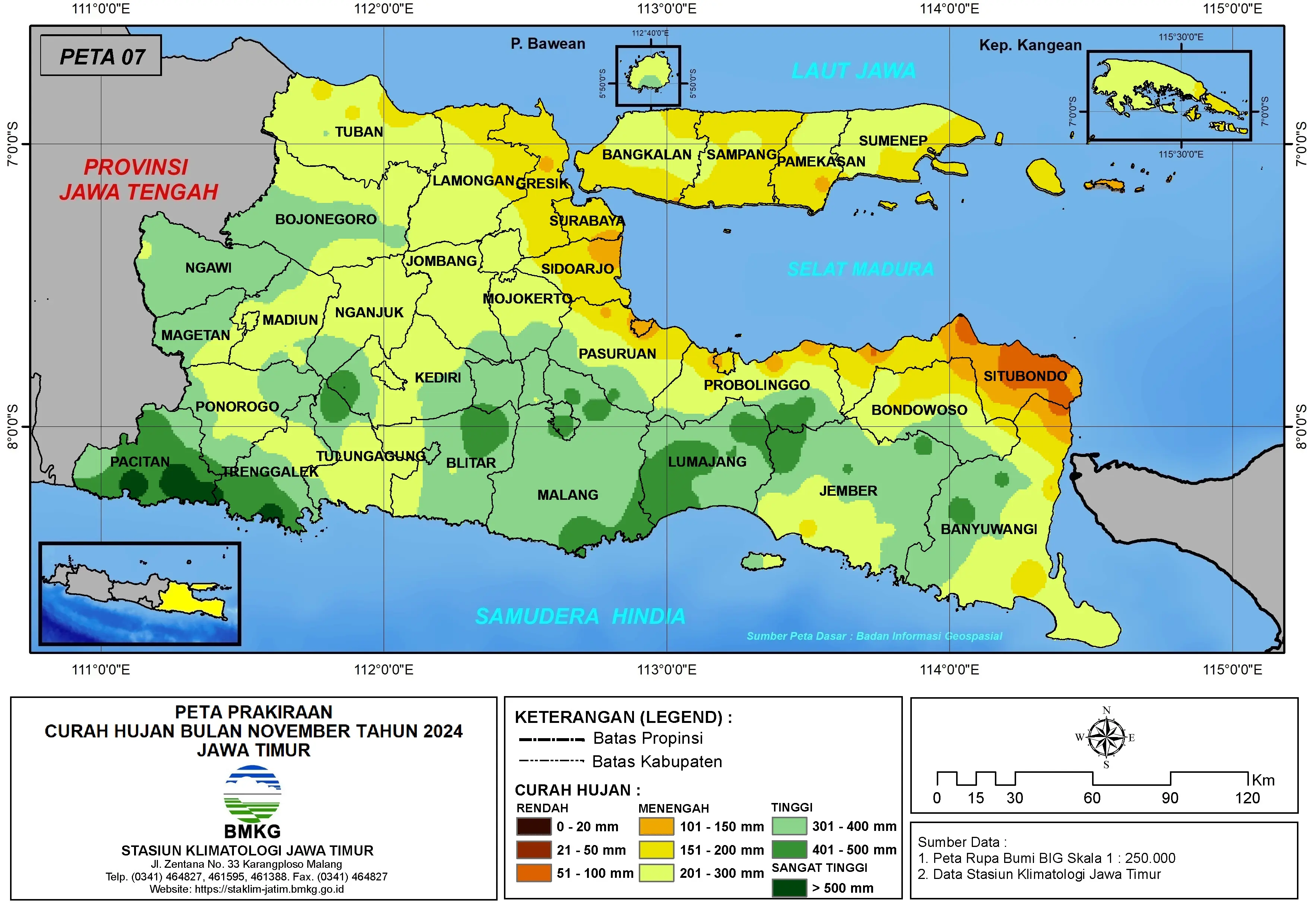 ( Prakiraan - Bulanan ) Curah Hujan Bulan NOVEMBER Tahun 2024 - Update dari Analisis Bulan Agustus Tahun 2024 di Provinsi Jawa Timur