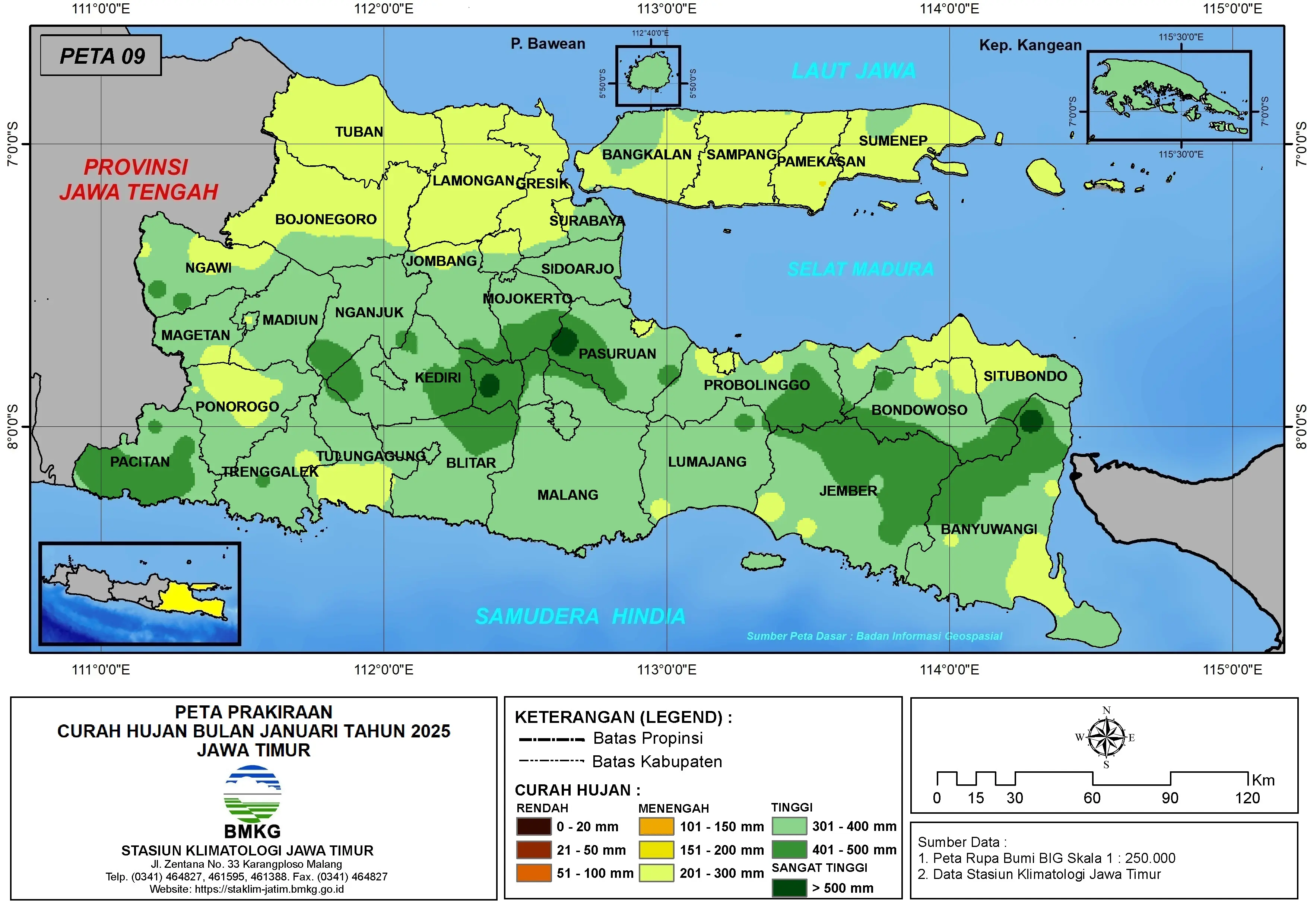 ( Prakiraan - Bulanan ) Curah Hujan Bulan JANUARI Tahun 2025 - Update dari Analisis Bulan September Tahun 2024 di Provinsi Jawa Timur