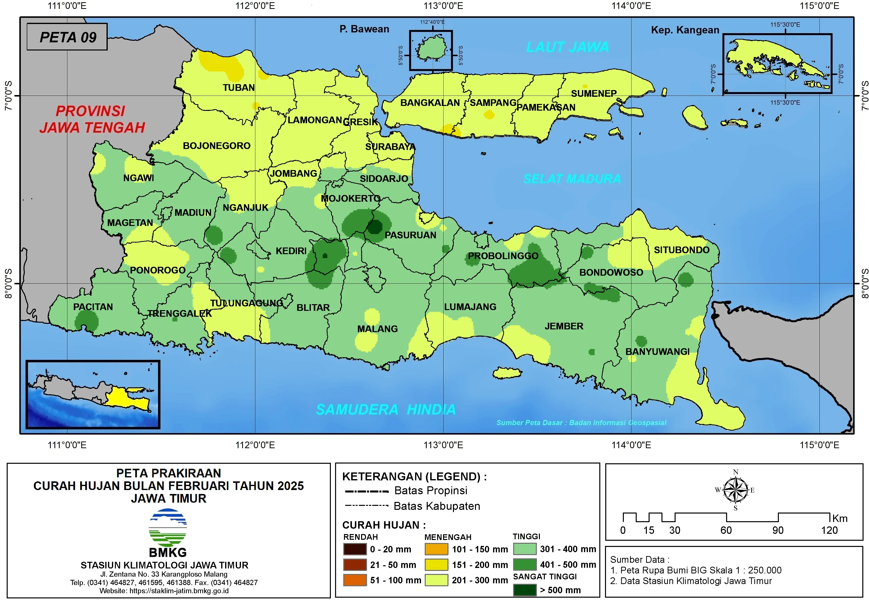 ( Prakiraan - Bulanan ) Curah Hujan Bulan FEBRUARI Tahun 2025 - Update dari Analisis Bulan Oktober Tahun 2024 di Provinsi Jawa Timur