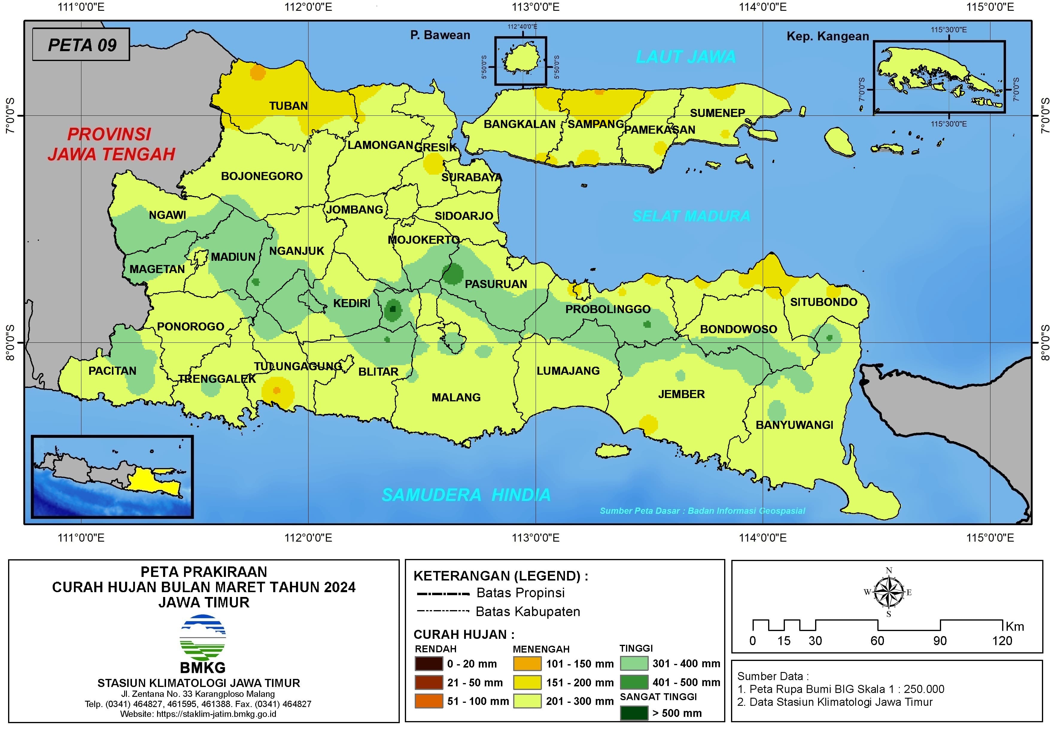 ( Prakiraan - Bulanan ) Curah Hujan Bulan MARET Tahun 2025 - Update dari Analisis Bulan November Tahun 2024 di Provinsi Jawa Timur