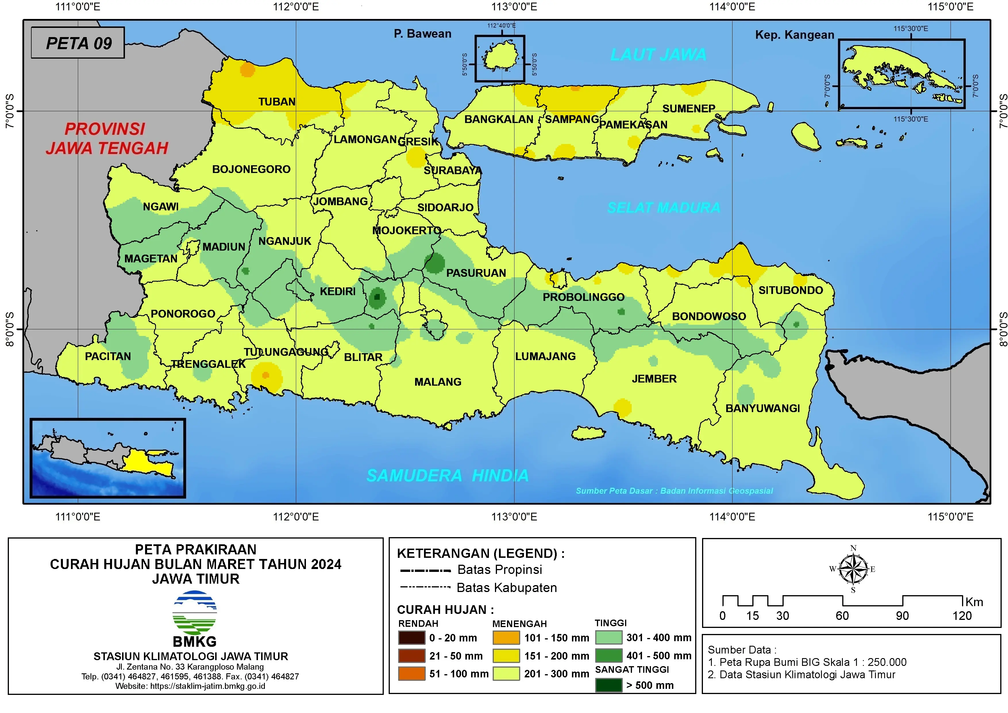 ( Prakiraan - Bulanan ) Curah Hujan Bulan MARET Tahun 2025 - Update dari Analisis Bulan November Tahun 2024 di Provinsi Jawa Timur