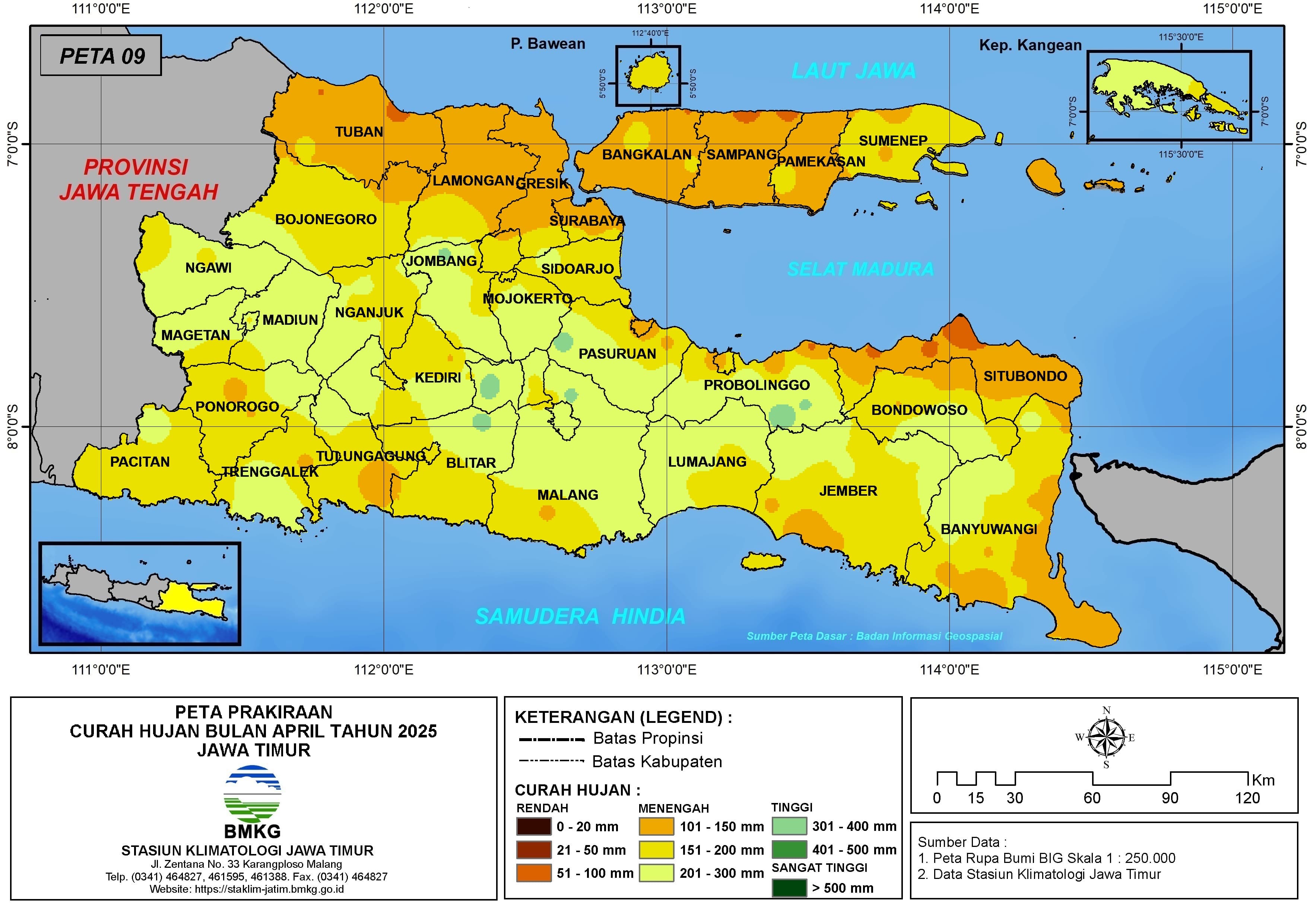 ( Prakiraan - Bulanan ) Curah Hujan Bulan APRIL Tahun 2025 - Update dari Analisis Bulan Desember Tahun 2024 di Provinsi Jawa Timur