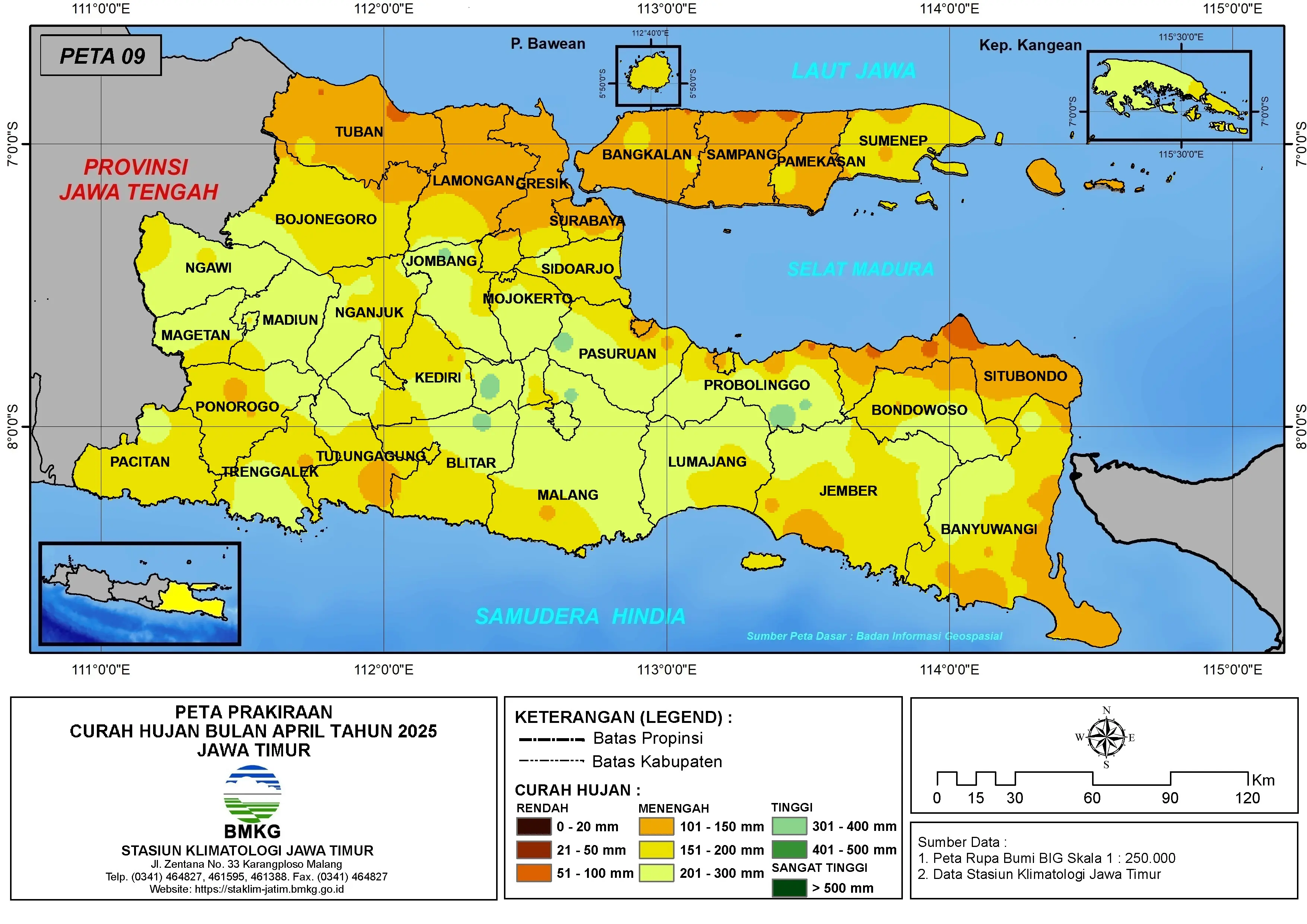 ( Prakiraan - Bulanan ) Curah Hujan Bulan APRIL Tahun 2025 - Update dari Analisis Bulan Desember Tahun 2024 di Provinsi Jawa Timur