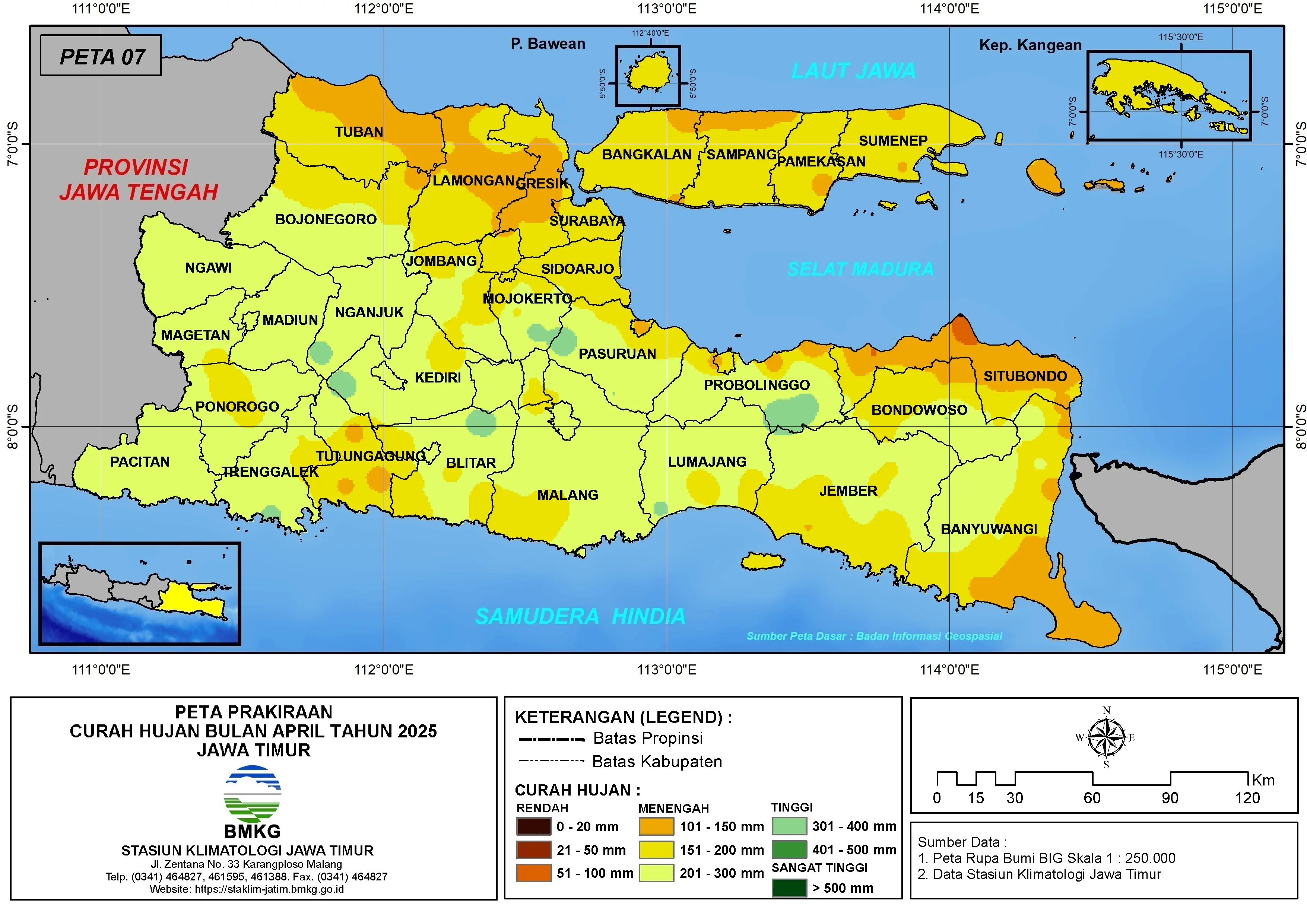 ( Prakiraan - Bulanan ) Curah Hujan Bulan APRIL Tahun 2025 - Update dari Analisis Bulan Januari Tahun 2025 di Provinsi Jawa Timur