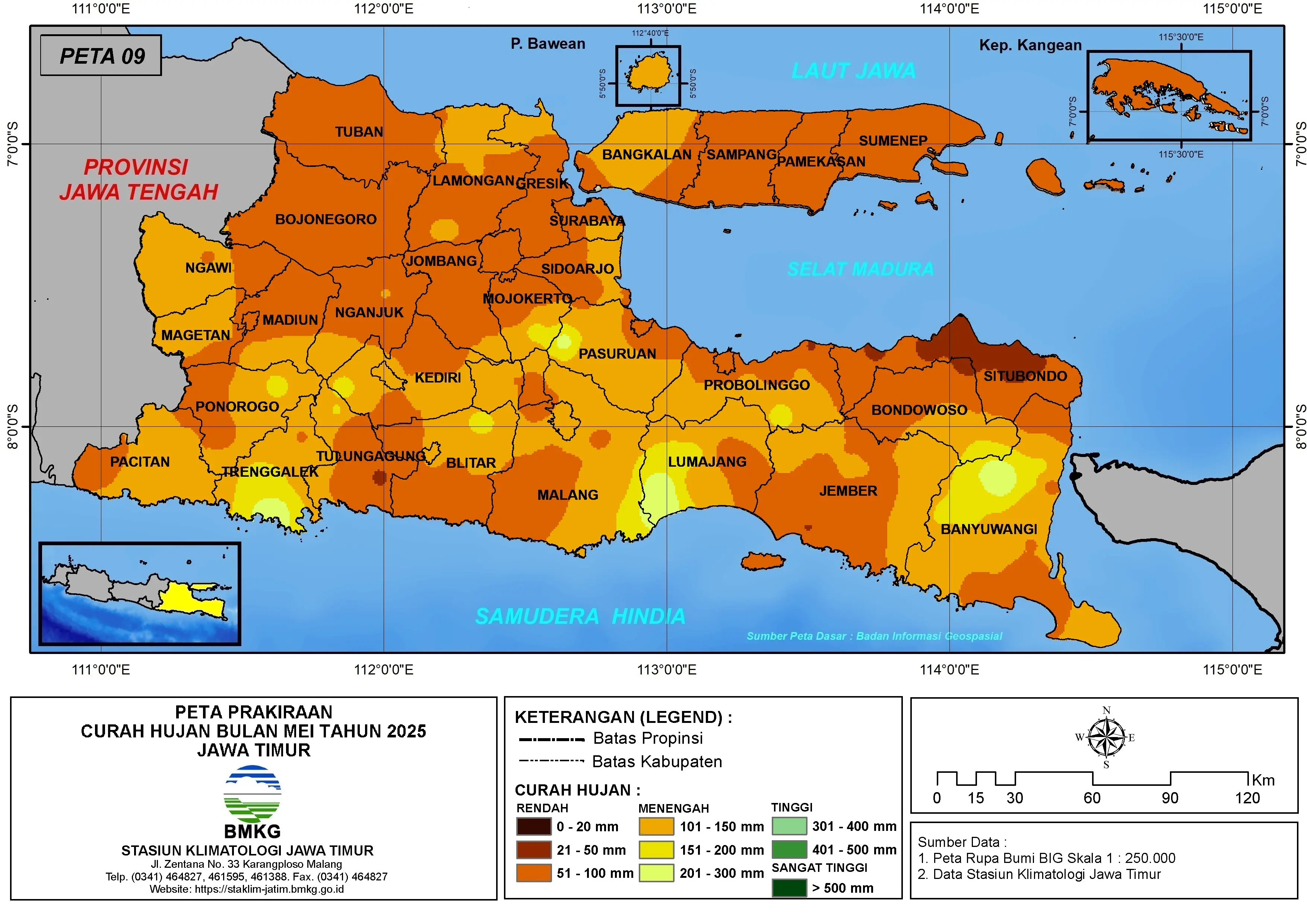 ( Prakiraan - Bulanan ) Curah Hujan Bulan MEI Tahun 2025 - Update dari Analisis Bulan Januari Tahun 2025 di Provinsi Jawa Timur