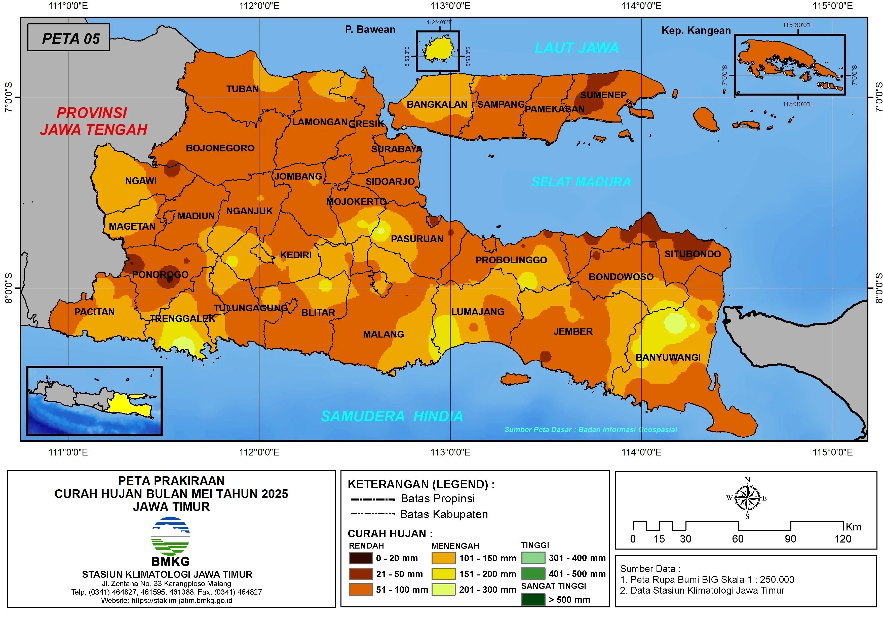( Prediksi - Bulanan ) Curah Hujan Bulan MEI Tahun 2025 - Update dari Analisis Bulan Maret Tahun 2025 di Provinsi Jawa Timur
