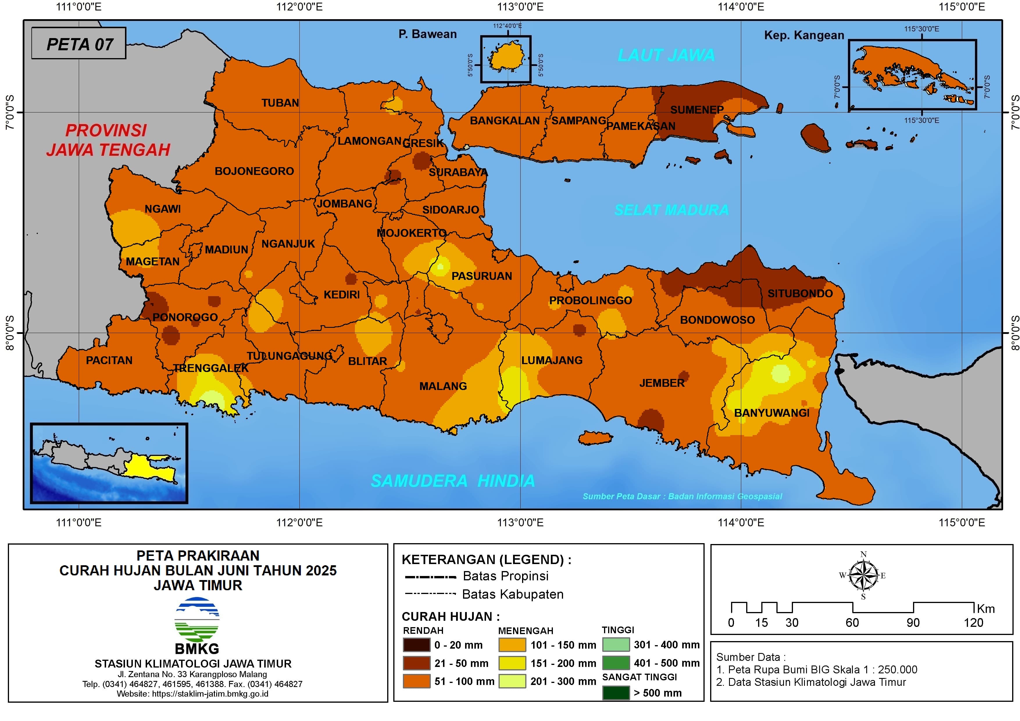 ( Prediksi - Bulanan ) Curah Hujan Bulan JUNI Tahun 2025 - Update dari Analisis Bulan Maret Tahun 2025 di Provinsi Jawa Timur