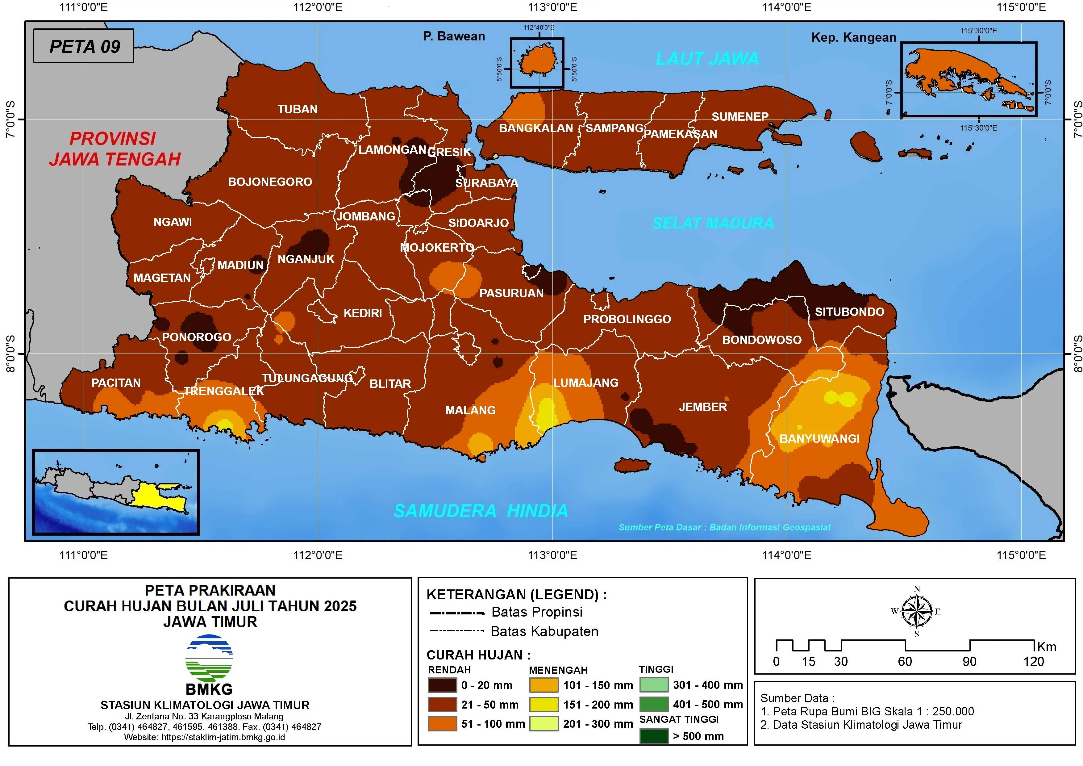 ( Prediksi - Bulanan ) Curah Hujan Bulan JULI Tahun 2025 - Update dari Analisis Bulan Maret Tahun 2025 di Provinsi Jawa Timur