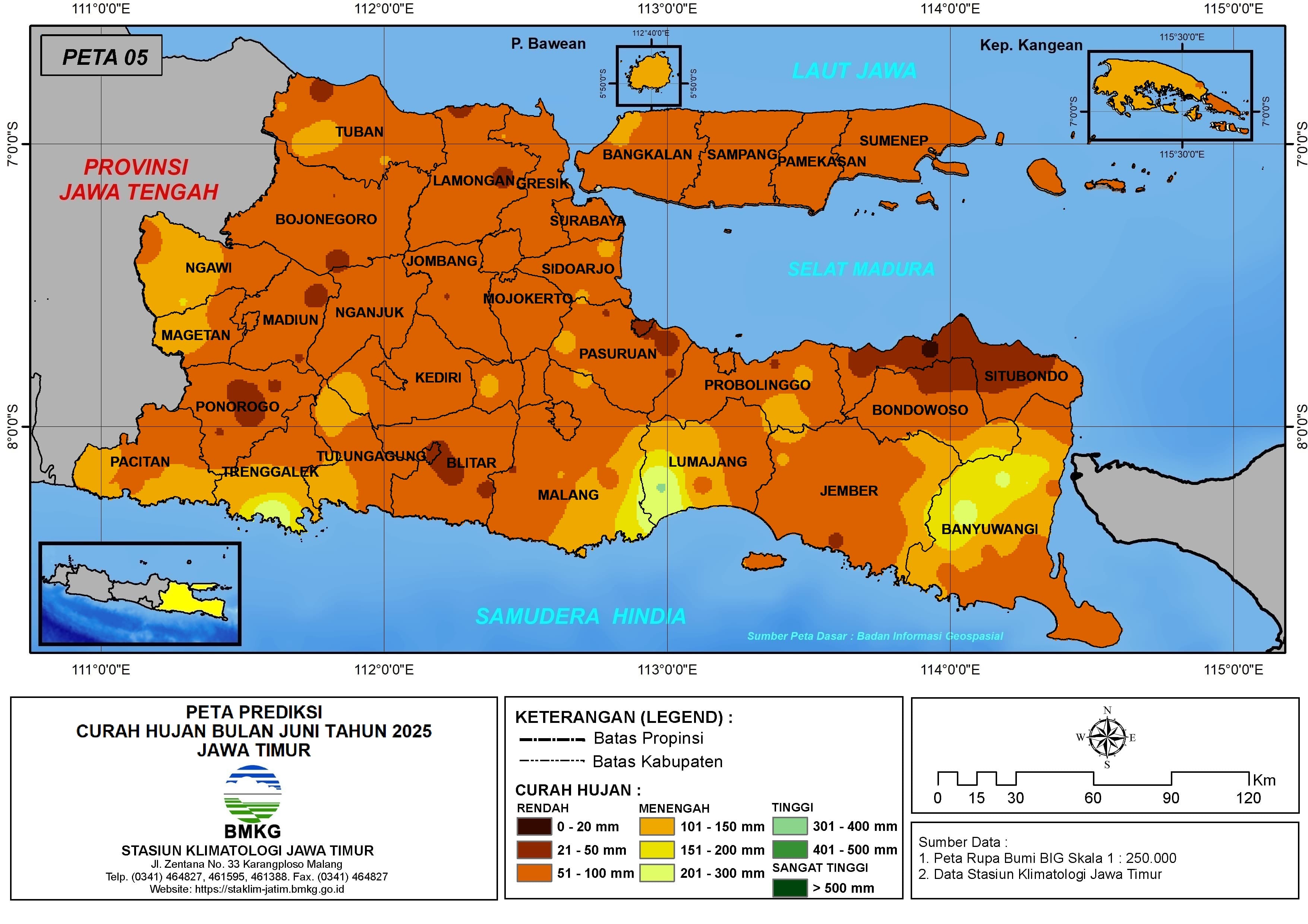 ( Prediksi - Bulanan ) Curah Hujan Bulan JUNI Tahun 2025 - Update dari Analisis Bulan April Tahun 2025 di Provinsi Jawa Timur