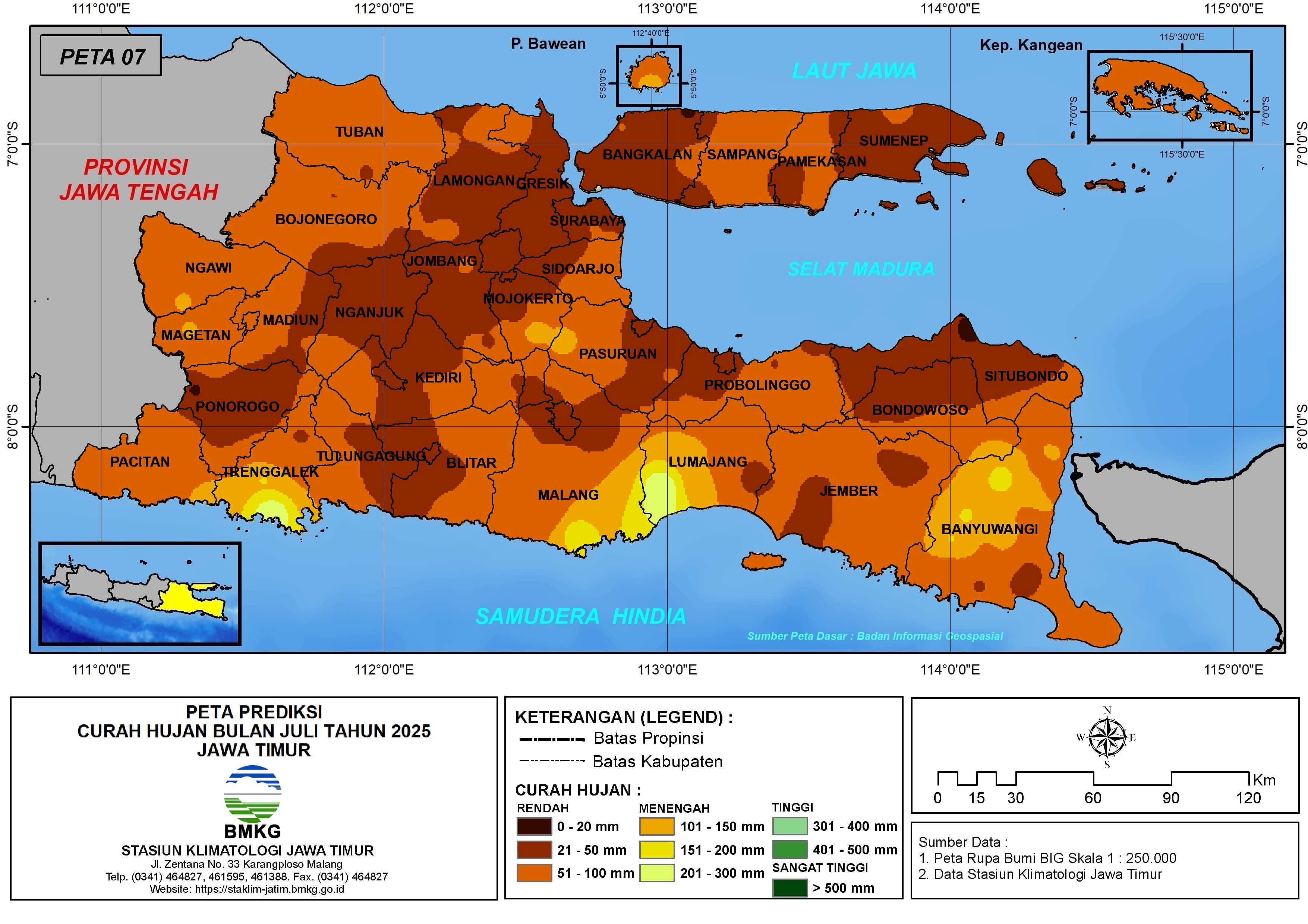 ( Prediksi - Bulanan ) Curah Hujan Bulan JULI Tahun 2025 - Update dari Analisis Bulan April Tahun 2025 di Provinsi Jawa Timur