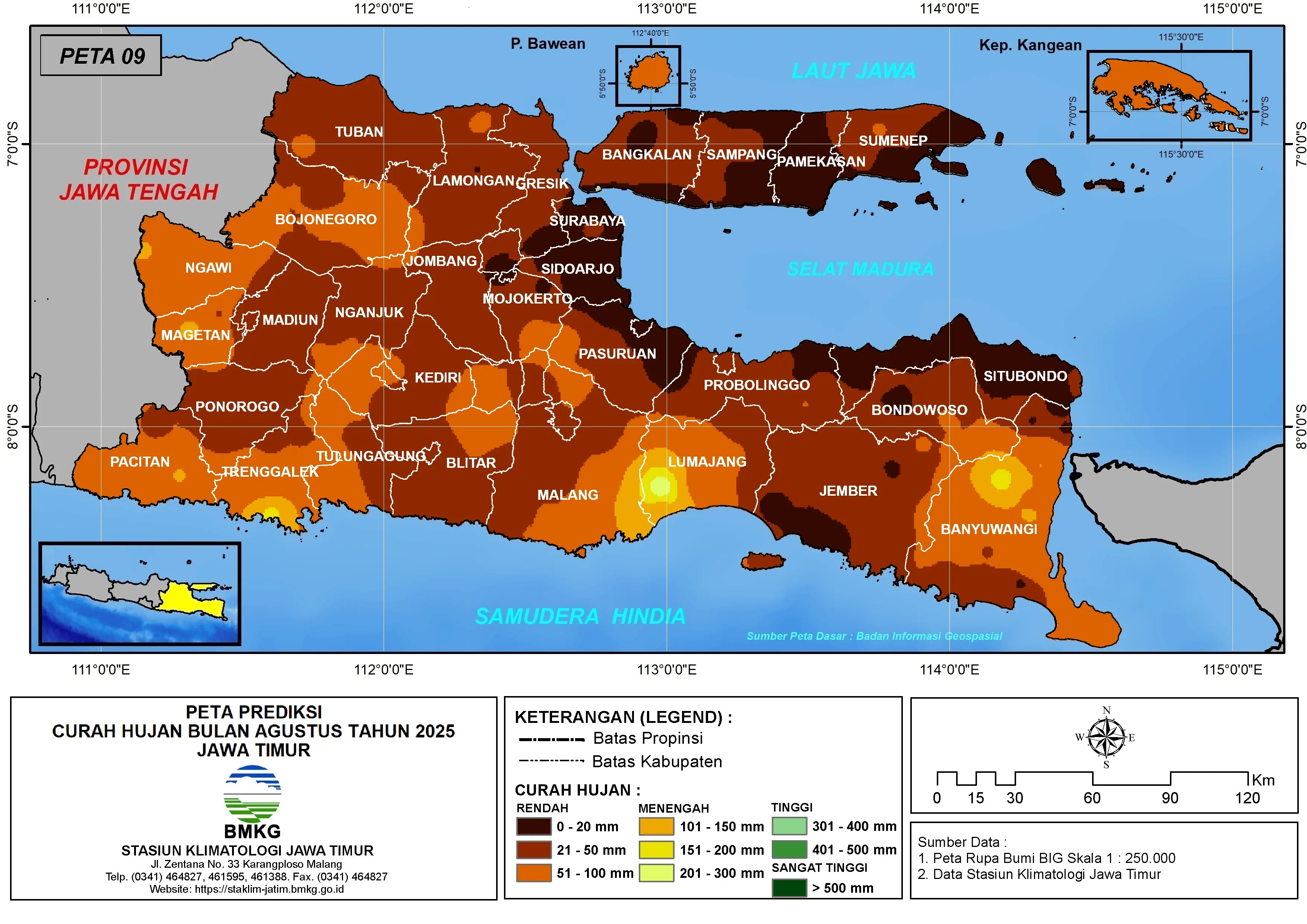( Prediksi - Bulanan ) Curah Hujan Bulan AGUSTUS Tahun 2025 - Update dari Analisis Bulan April Tahun 2025 di Provinsi Jawa Timur