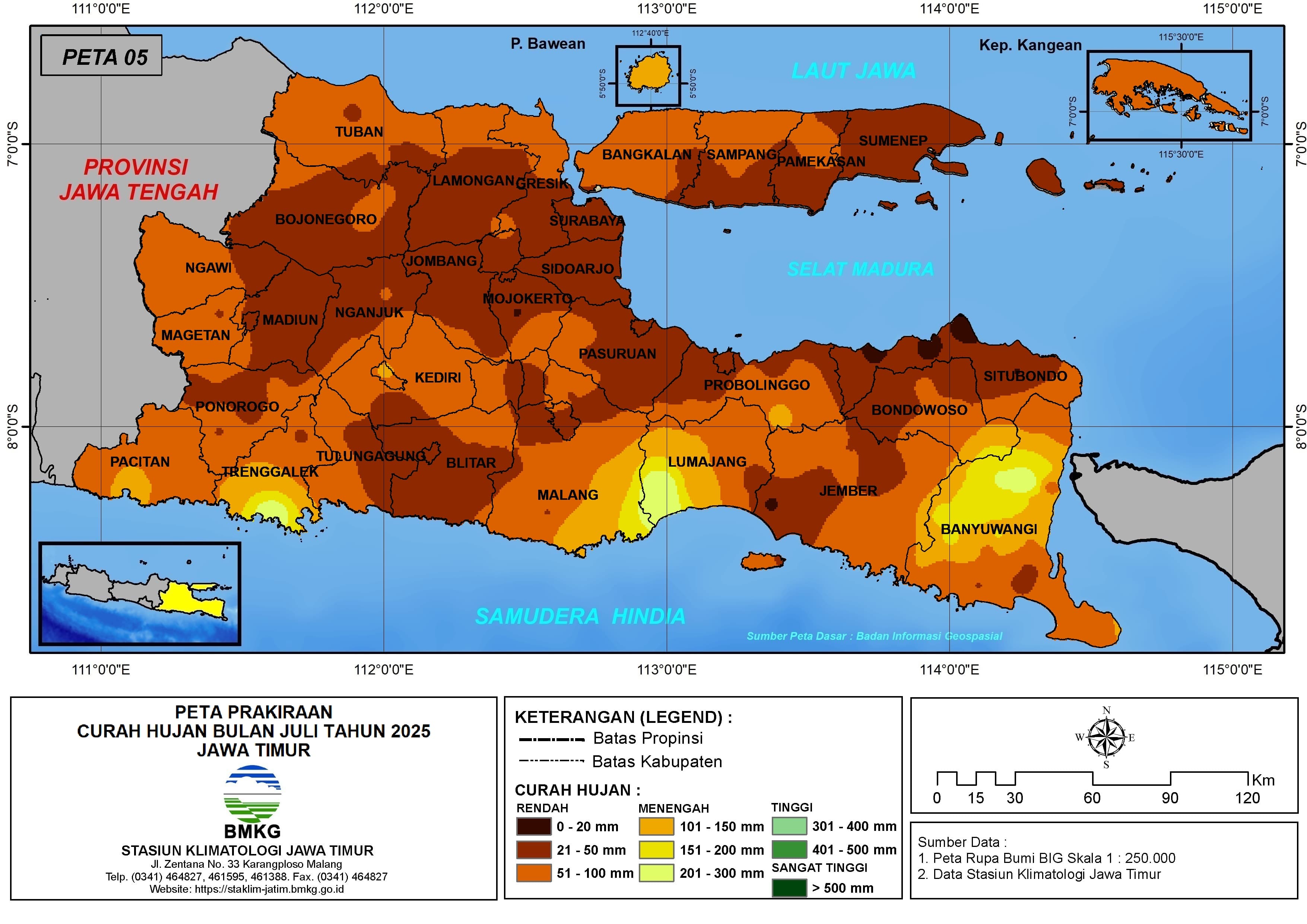( Prediksi - Bulanan ) Curah Hujan Bulan JULI Tahun 2025 - Update dari Analisis Bulan Mei Tahun 2025 di Provinsi Jawa Timur