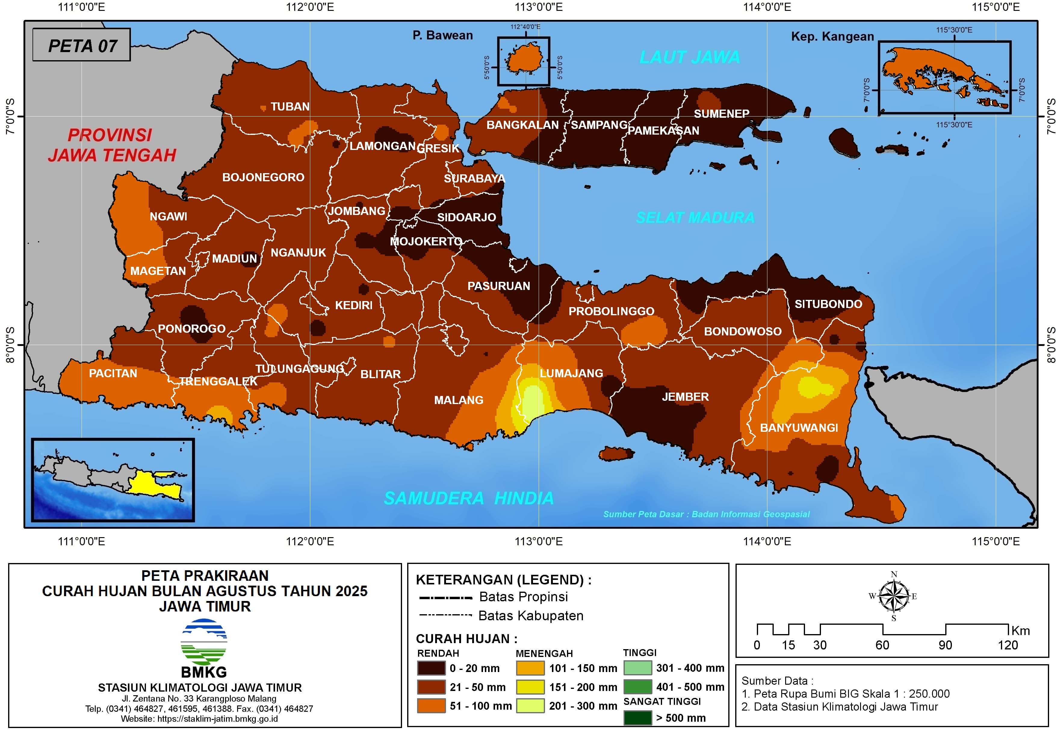 ( Prediksi - Bulanan ) Curah Hujan Bulan AGUSTUS Tahun 2025 - Update dari Analisis Bulan Mei Tahun 2025 di Provinsi Jawa Timur