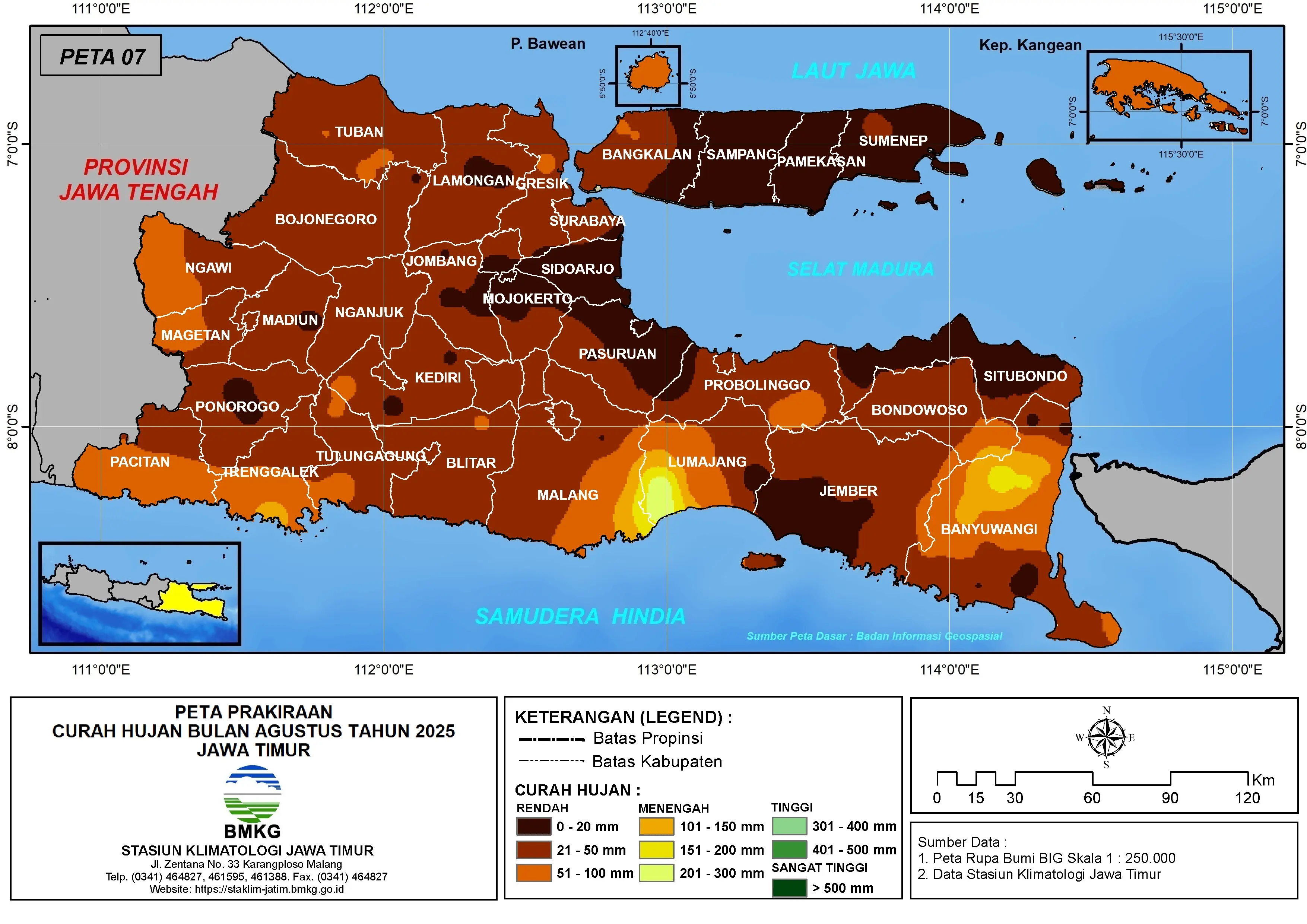 ( Prediksi - Bulanan ) Curah Hujan Bulan AGUSTUS Tahun 2025 - Update dari Analisis Bulan Mei Tahun 2025 di Provinsi Jawa Timur