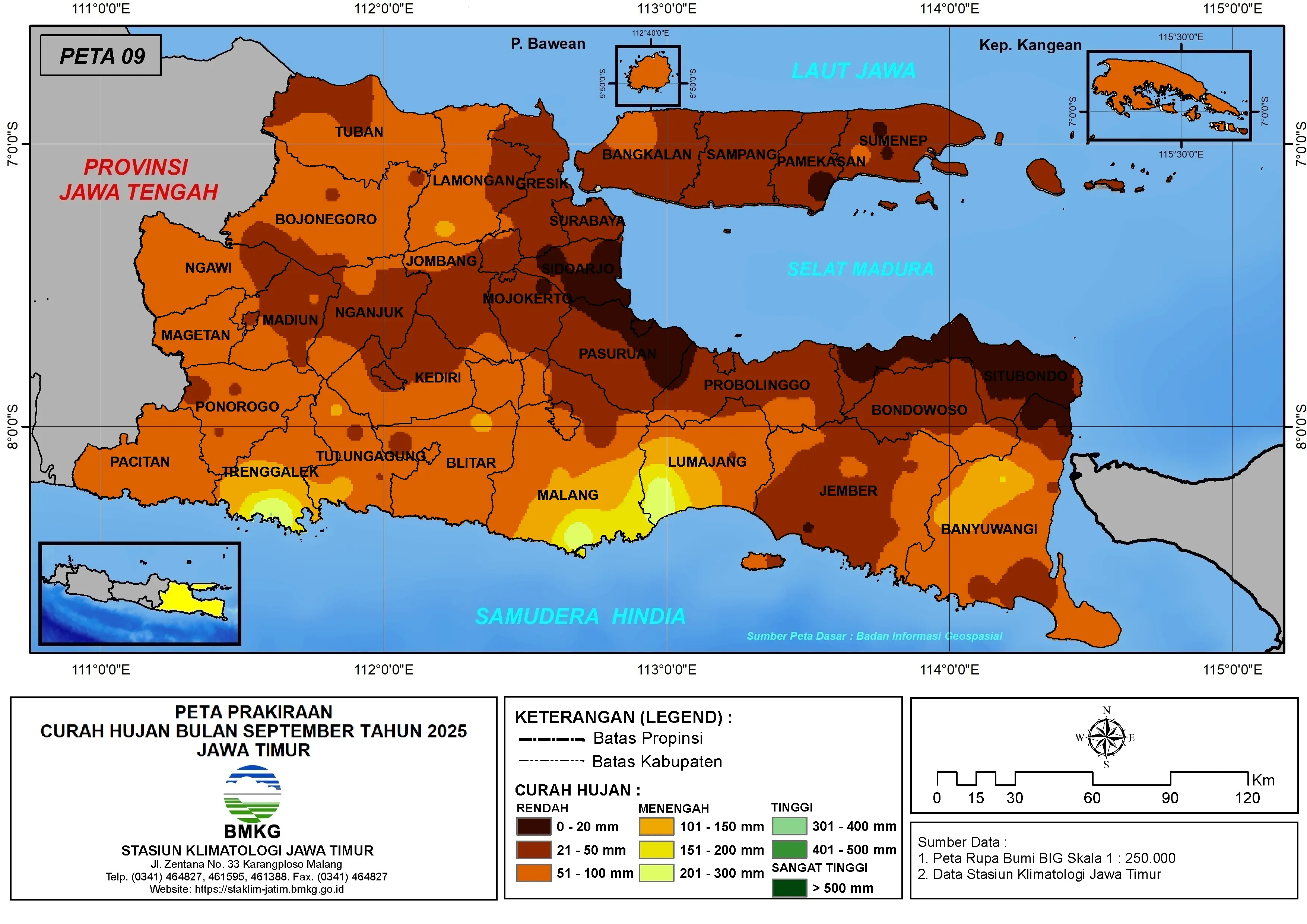 ( Prediksi - Bulanan ) Curah Hujan Bulan SEPTEMBER Tahun 2025 - Update dari Analisis Bulan Mei Tahun 2025 di Provinsi Jawa Timur