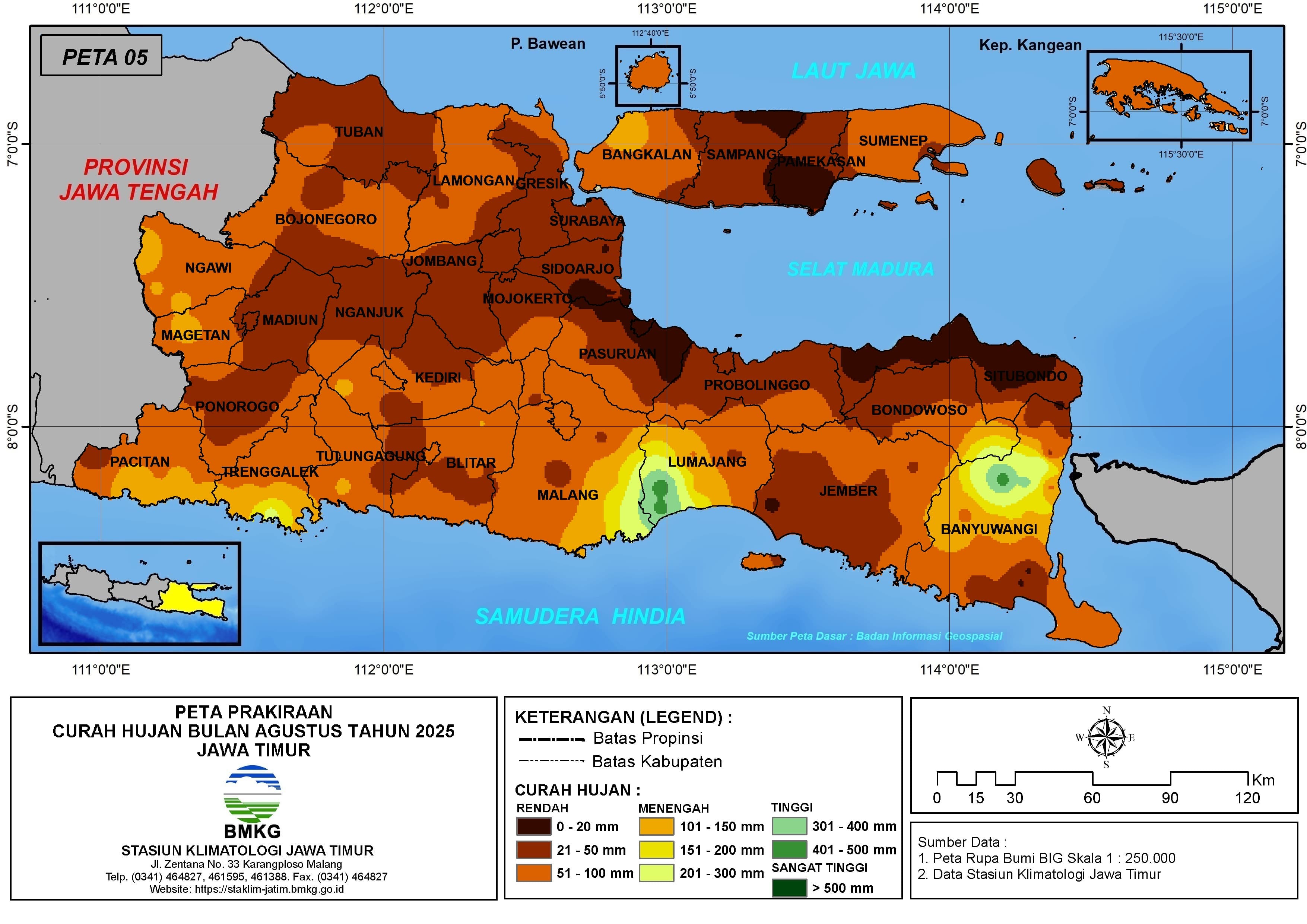 ( Prediksi - Bulanan ) Curah Hujan Bulan AGUSTUS Tahun 2025 - Update dari Analisis Bulan Juni Tahun 2025 di Provinsi Jawa Timur