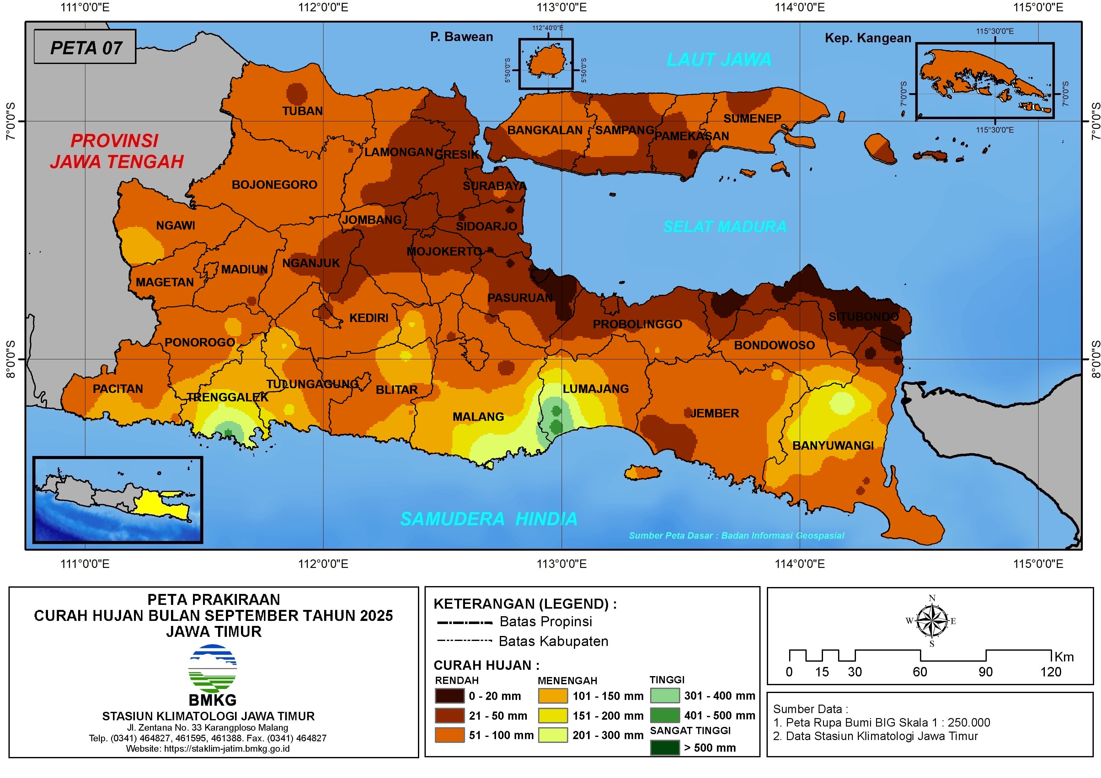 ( Prediksi - Bulanan ) Curah Hujan Bulan SEPTEMBER Tahun 2025 - Update dari Analisis Bulan Juni Tahun 2025 di Provinsi Jawa Timur