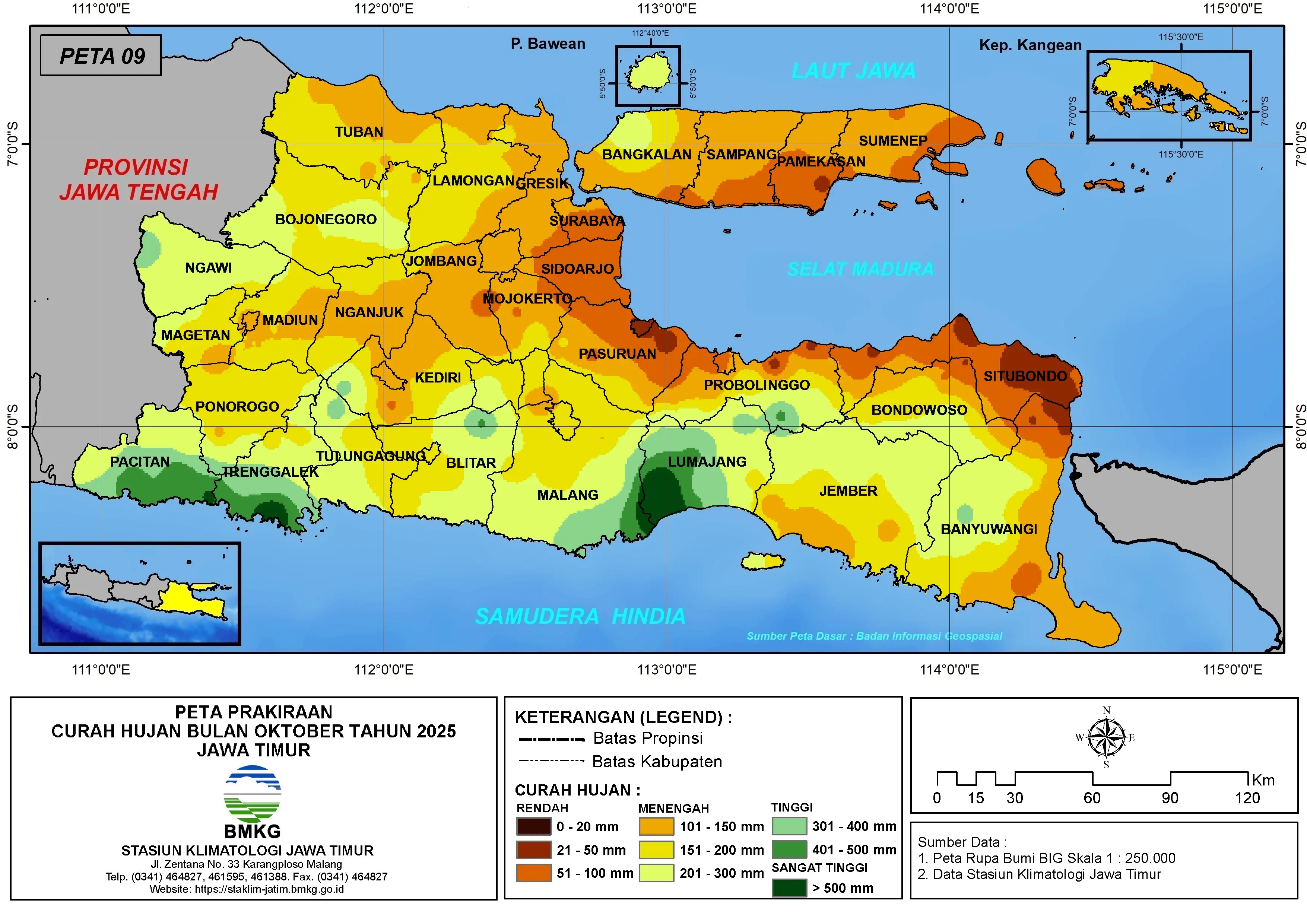 ( Prediksi - Bulanan ) Curah Hujan Bulan OKTOBER Tahun 2025 - Update dari Analisis Bulan Juni Tahun 2025 di Provinsi Jawa Timur