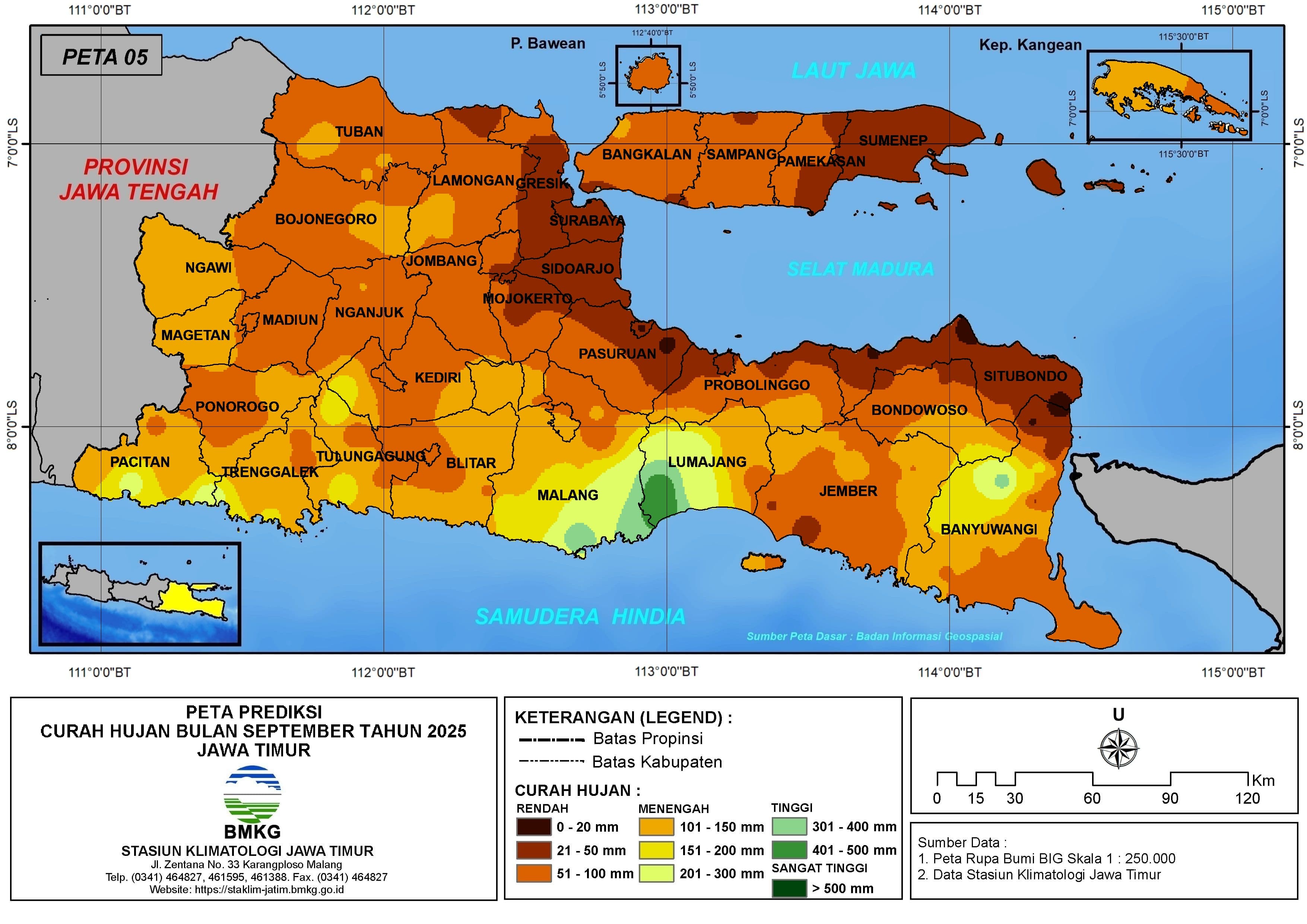 ( Prediksi - Bulanan ) Curah Hujan Bulan SEPTEMBER Tahun 2025 - Update dari Analisis Bulan Juli Tahun 2025 di Provinsi Jawa Timur