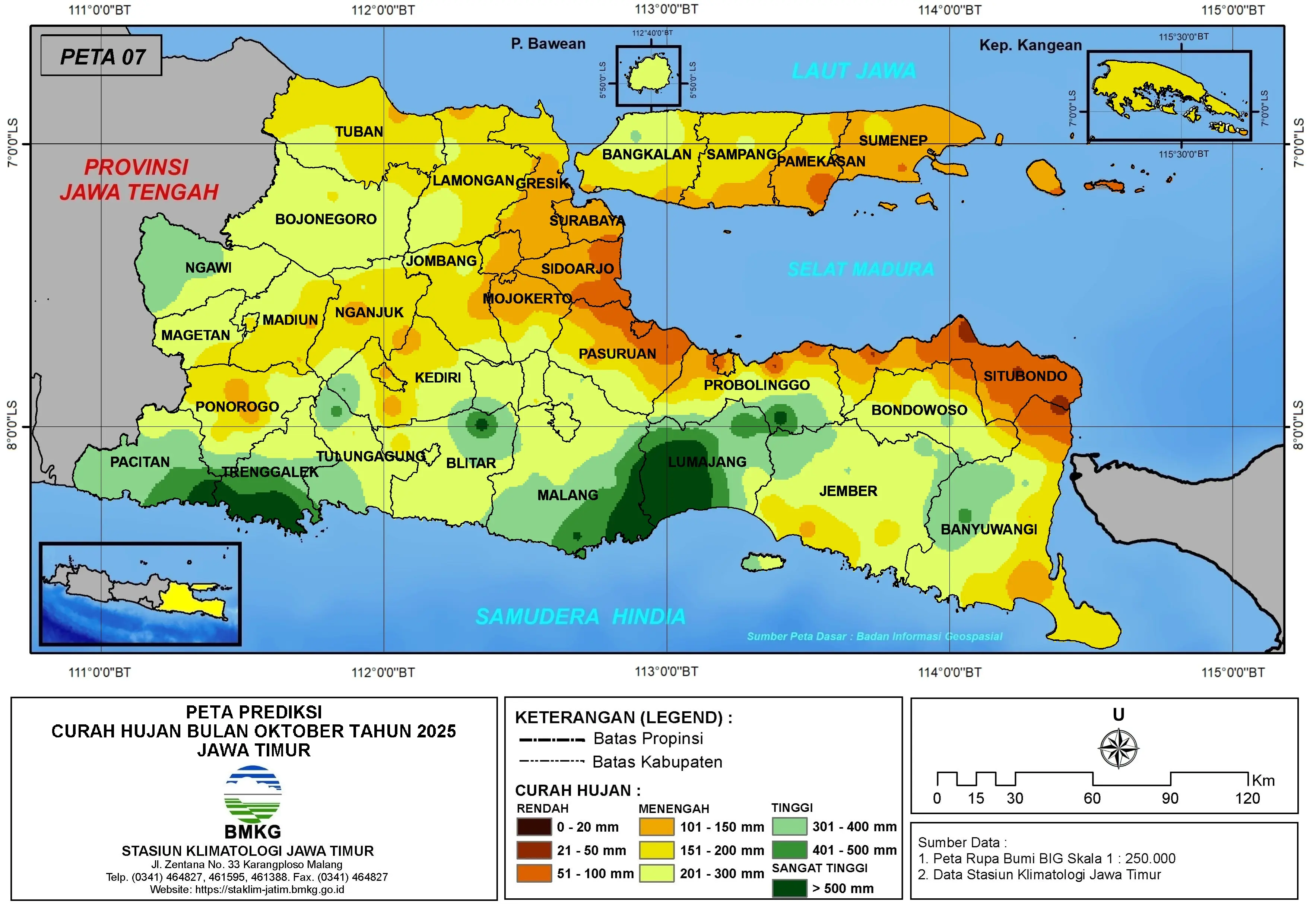( Prediksi - Bulanan ) Curah Hujan Bulan OKTOBER Tahun 2025 - Update dari Analisis Bulan Juli Tahun 2025 di Provinsi Jawa Timur